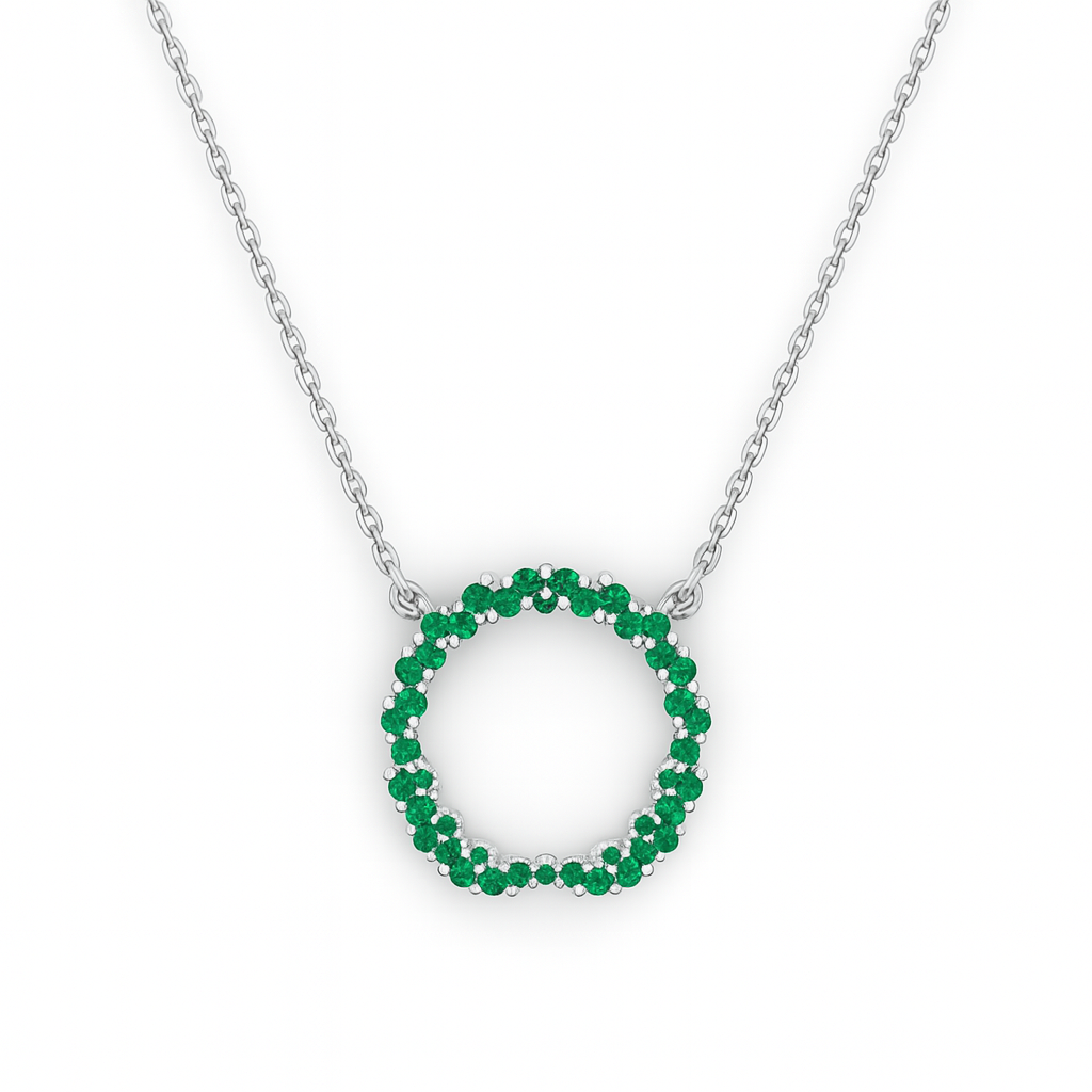 Necklace with a green circular pendant on a white background