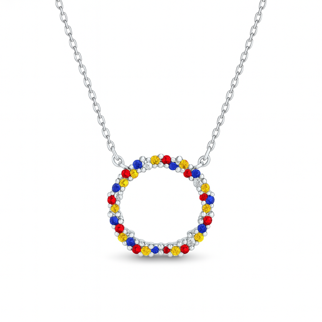 Necklace with a circular pendant featuring colorful beads on a white background