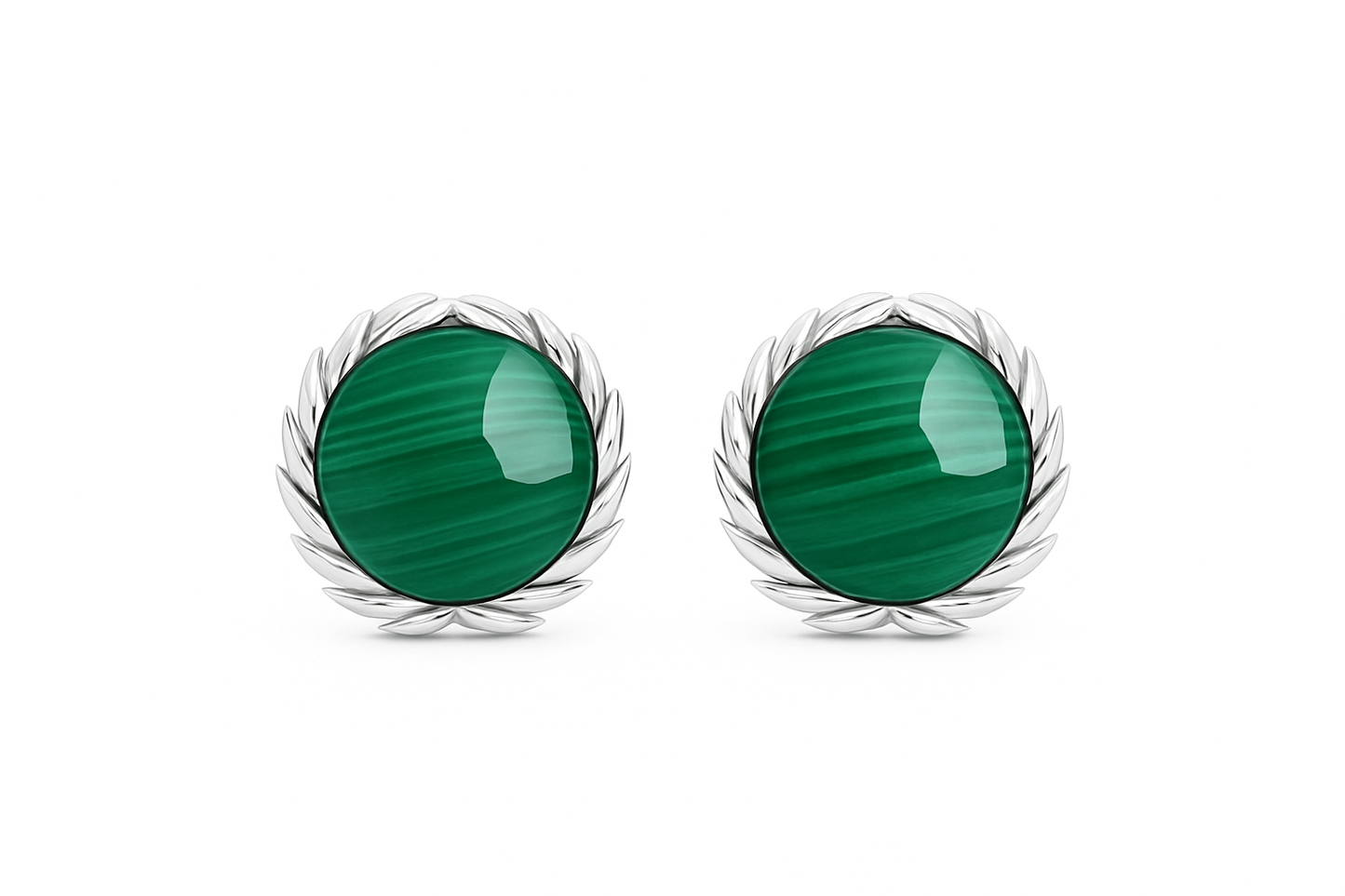 Pair of green circular earrings with silver rims on a white background