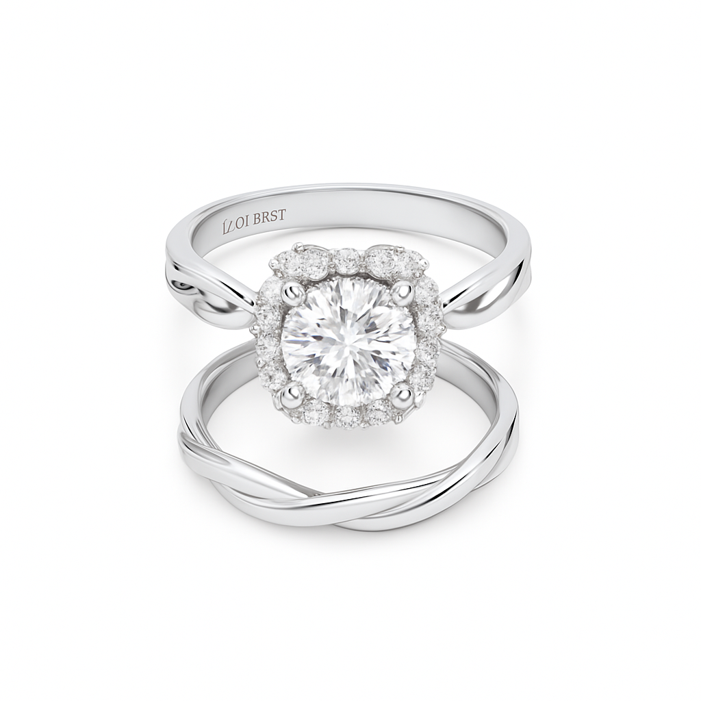 Silver ring with a diamond on a white background
