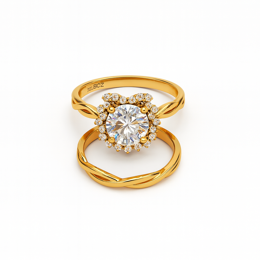 Gold ring with a large central gemstone and smaller stones on a white background
