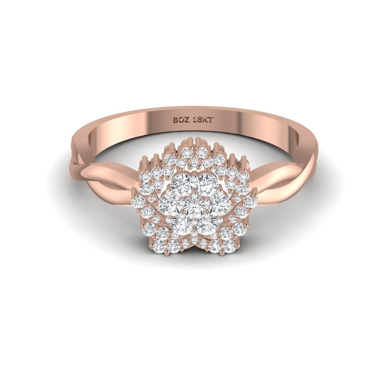 A rose gold engagement ring with a central diamond surrounded by smaller diamonds set in a classic six-prong setting.