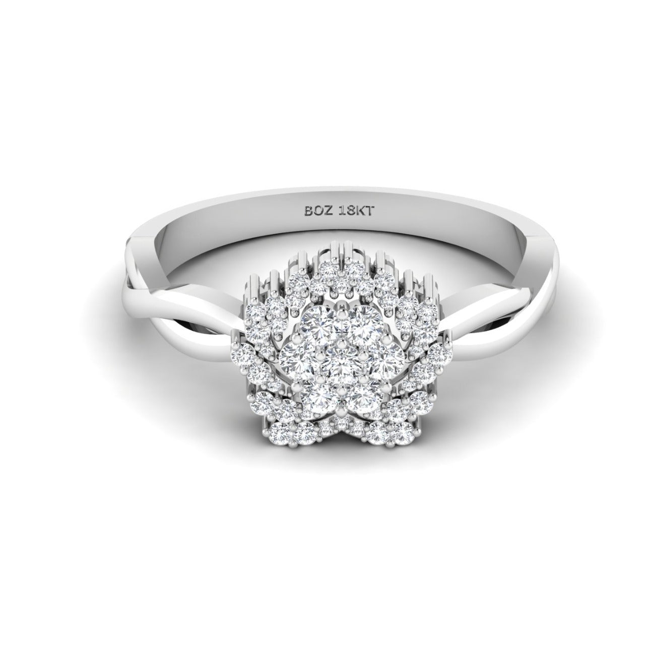 A 18 karat gold engagement ring with a central natural diamond, surrounded by smaller clear stones set in a white gold band.