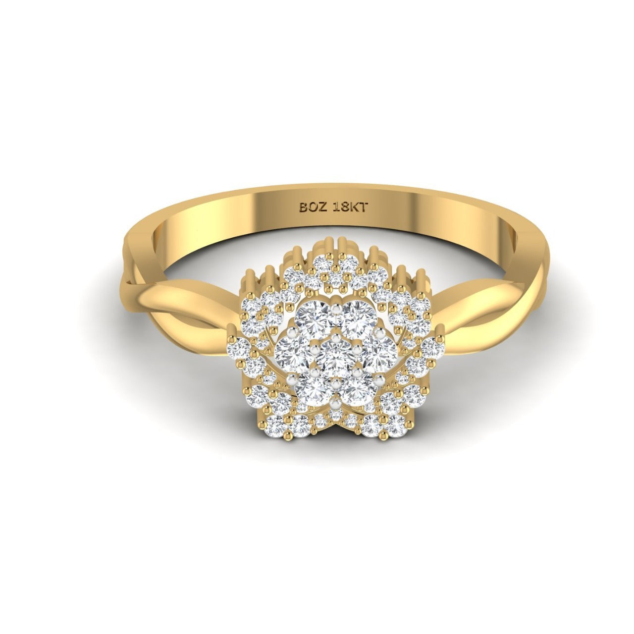 An 18 karat gold diamond engagement ring with a cluster design featuring a central diamond surrounded by smaller diamonds, with the BOZ logo visible on the band.