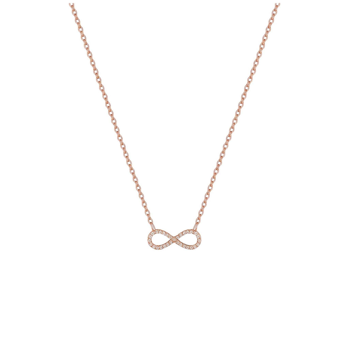 Rose gold infinity necklace on a white background