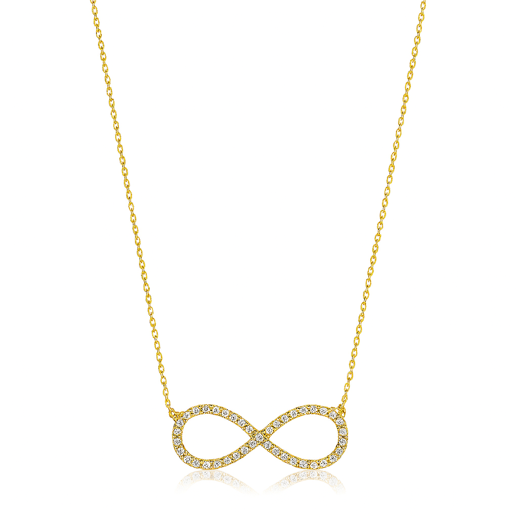 Gold infinity necklace with diamonds on a white background