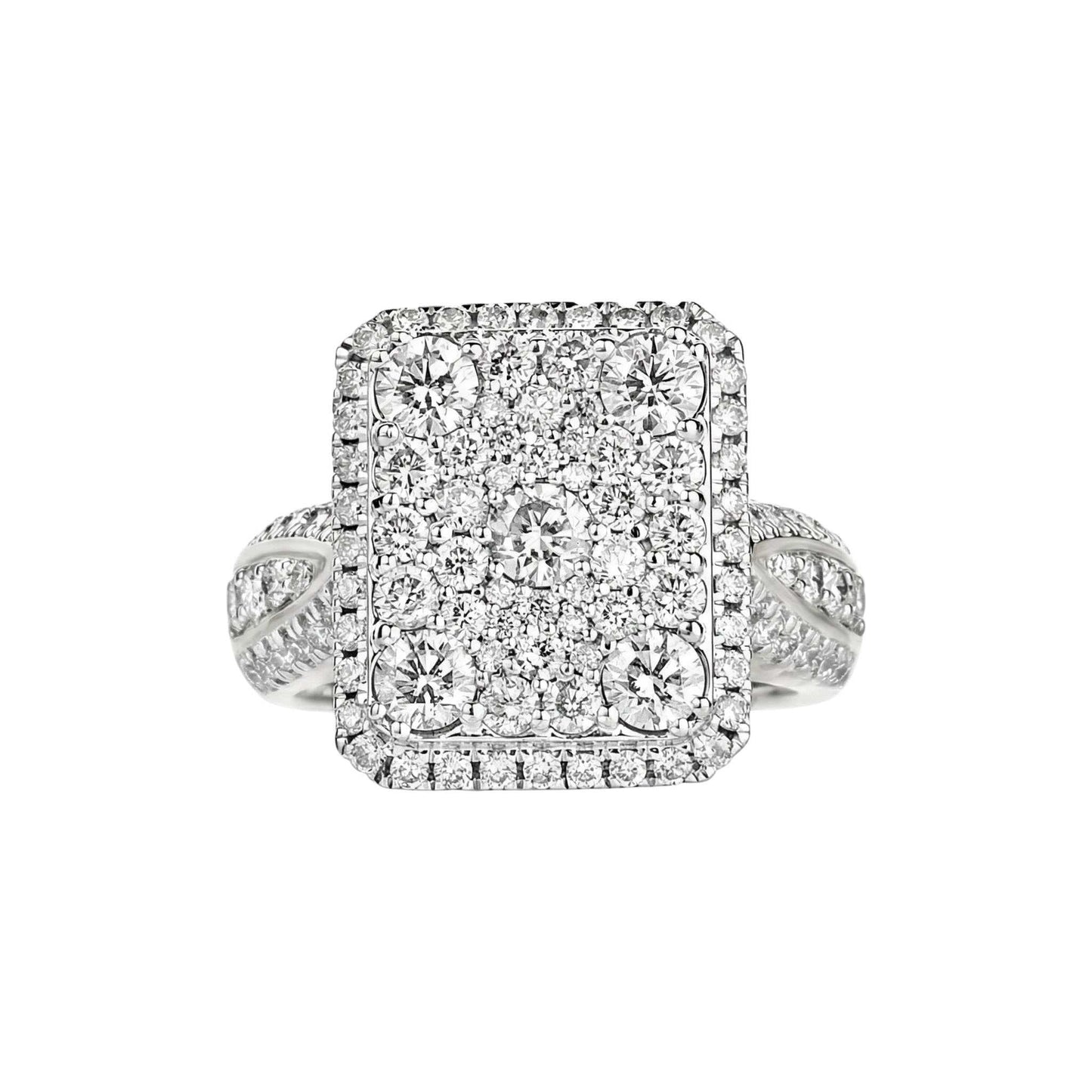 Silver ring with diamond accents on a white background