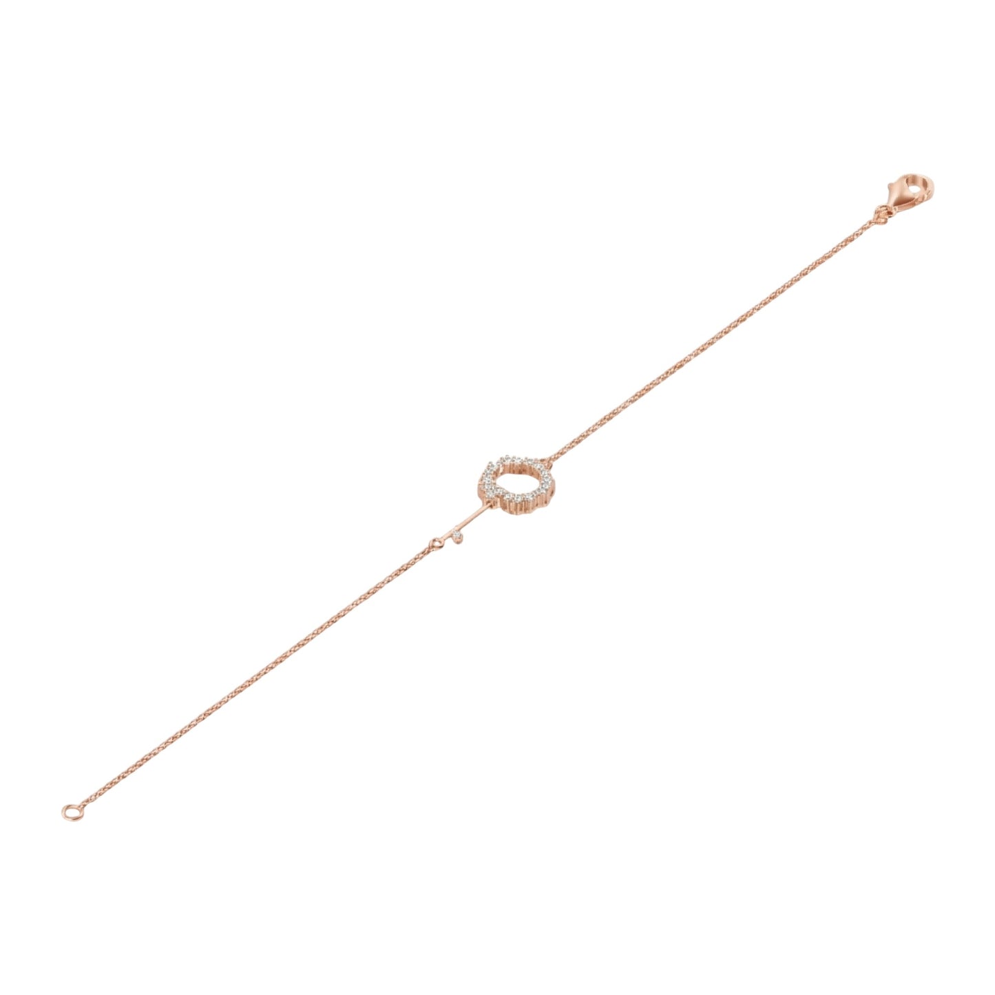 Rose gold bracelet with a heart-shaped clasp on a white background