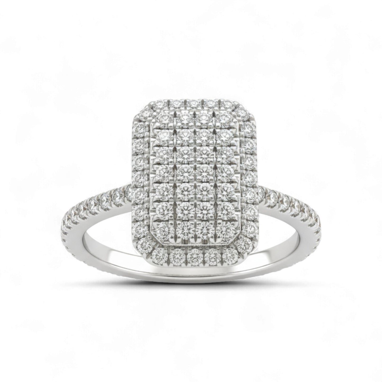Diamond ring with a square cluster design on a white background
