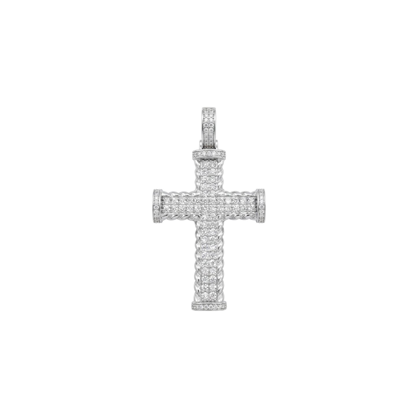 Silver cross pendant with clear stones on a white background
