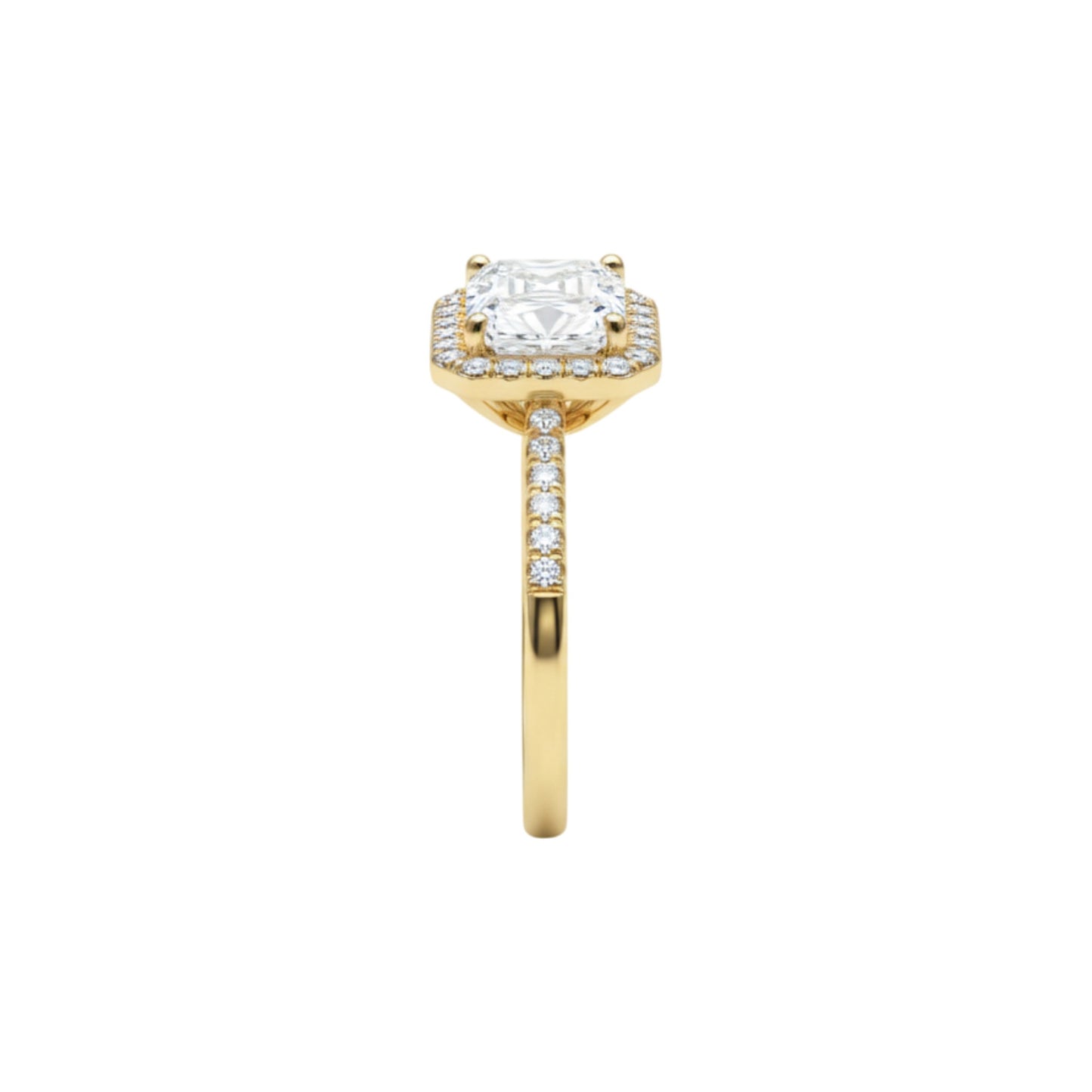Gold ring with a large diamond and smaller diamonds on the band against a white background