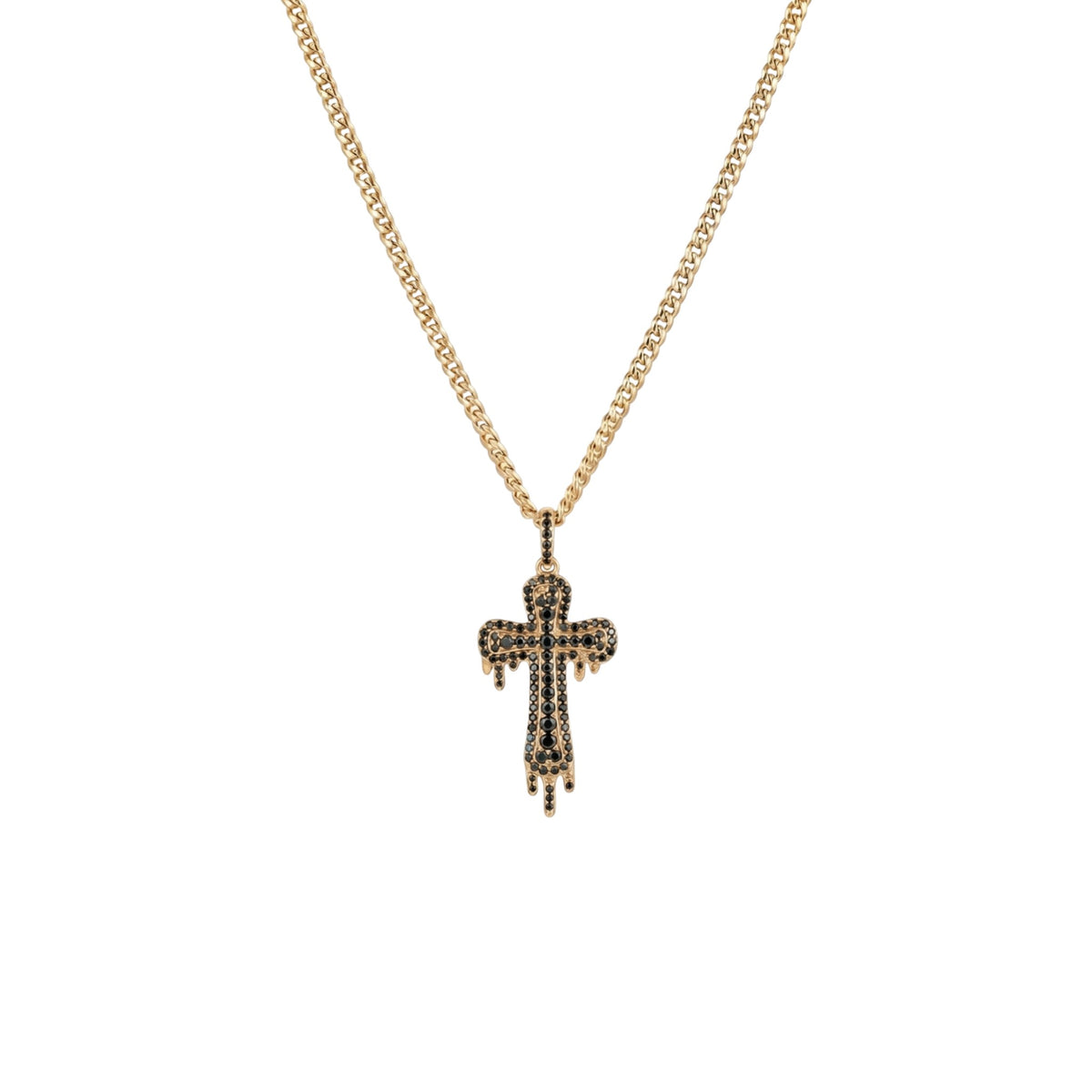 Gold cross necklace with black stones on a white background