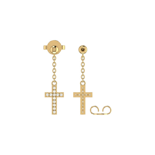 Gold cross earrings with clear stones on a white background
