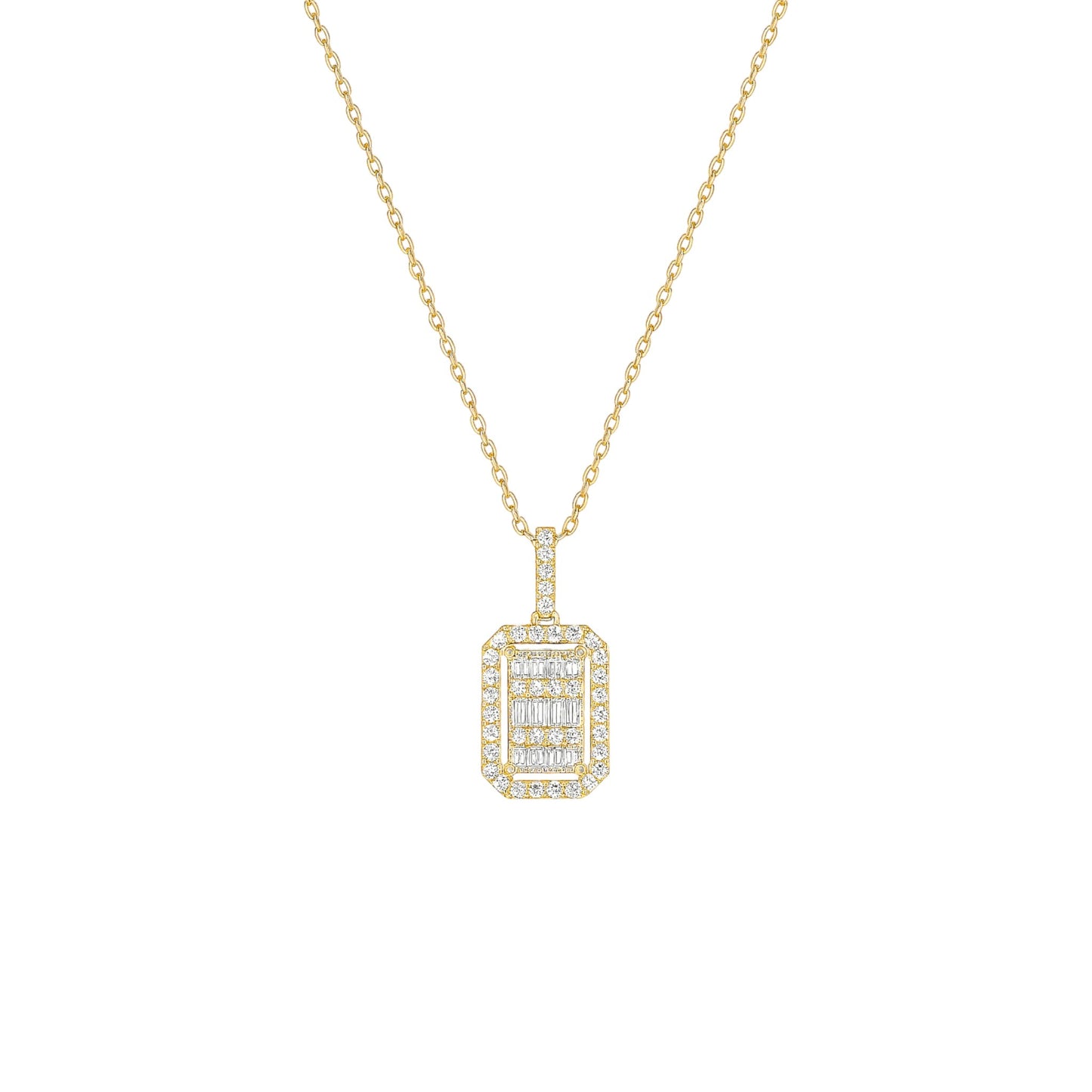 Gold necklace with a rectangular diamond pendant on a white background