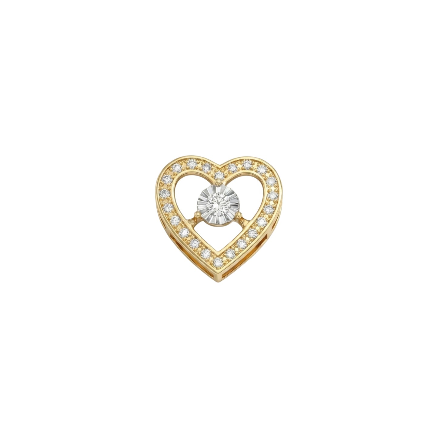 Gold heart-shaped pendant with a central diamond on a white background