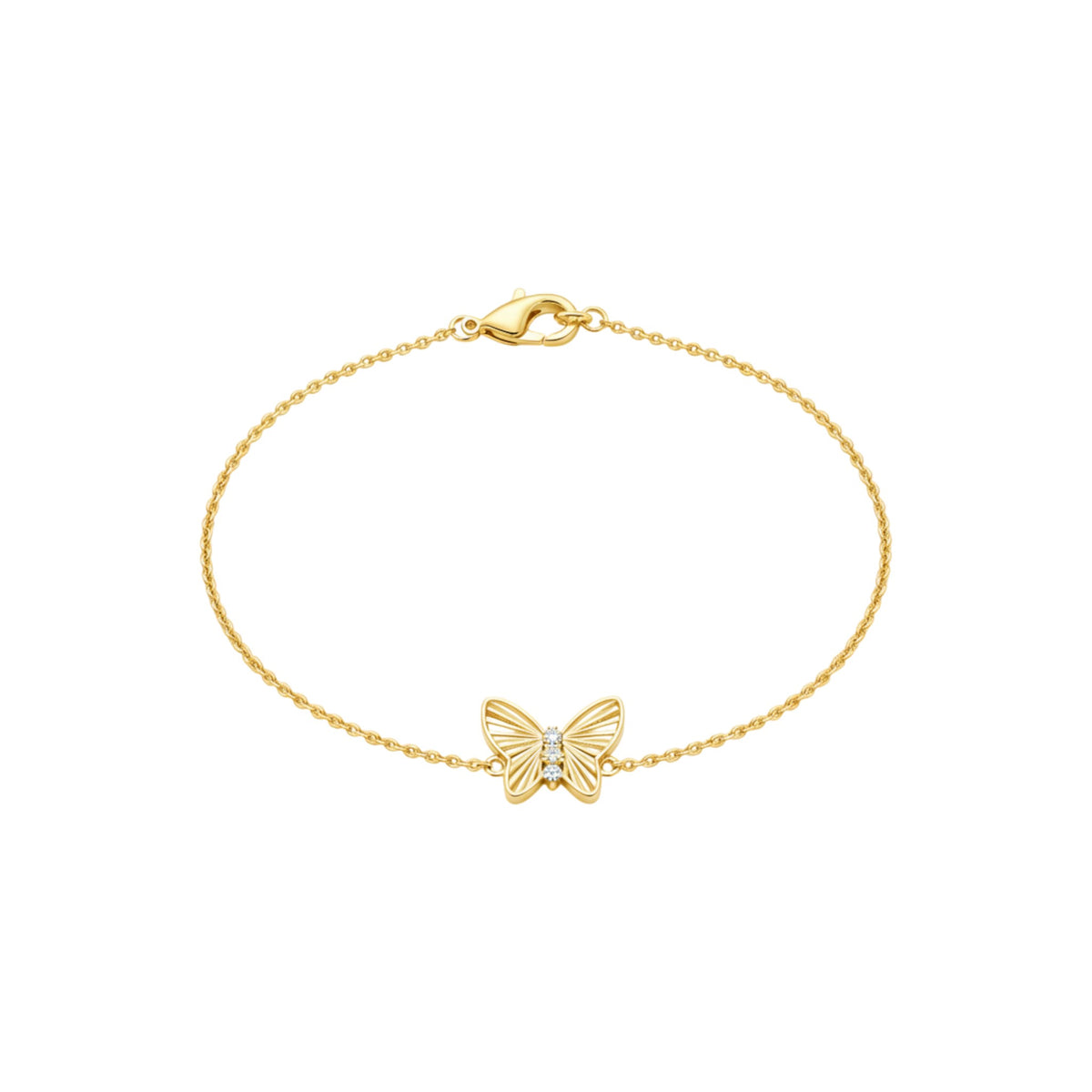 Gold bracelet with a butterfly charm on a white background
