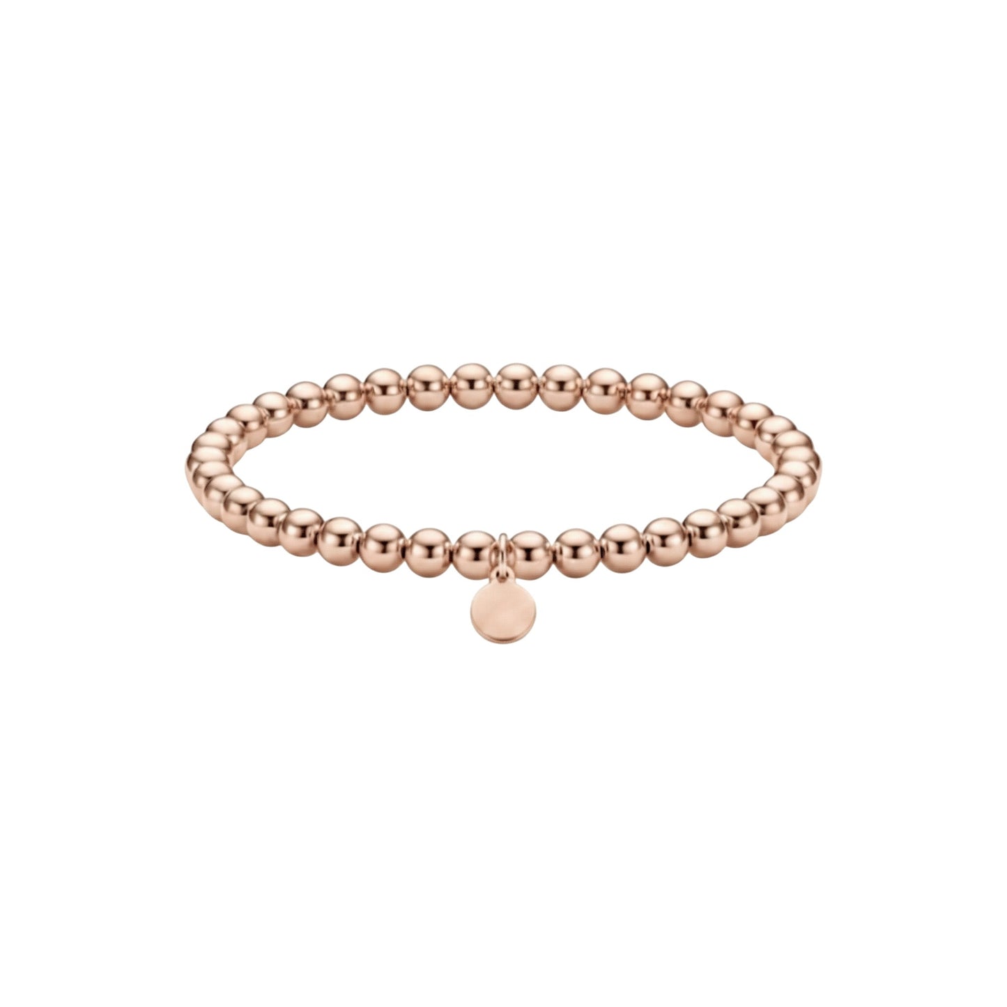 Rose gold beaded bracelet with a round tag on a white background
