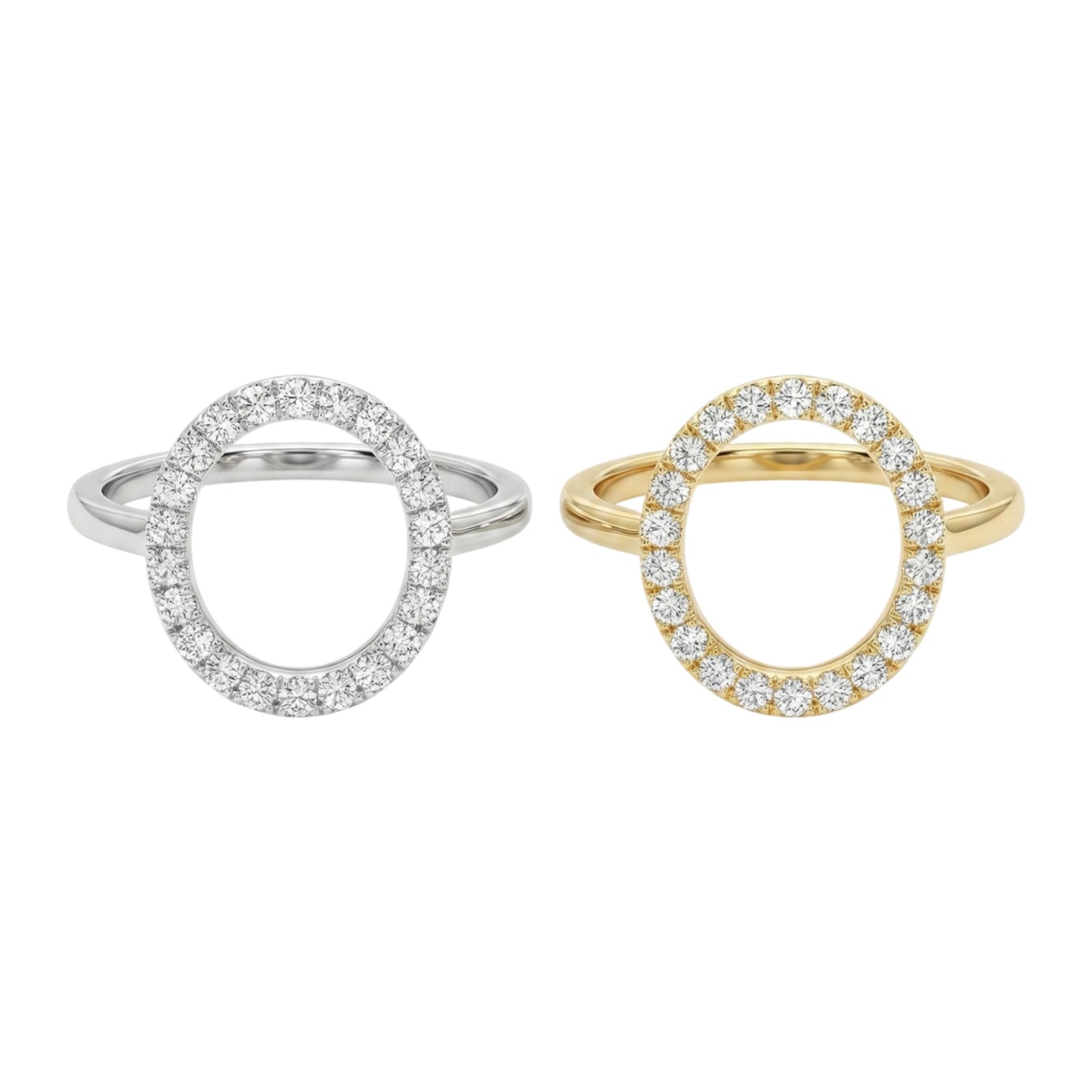 Two diamond rings, one silver and one gold, on a white background