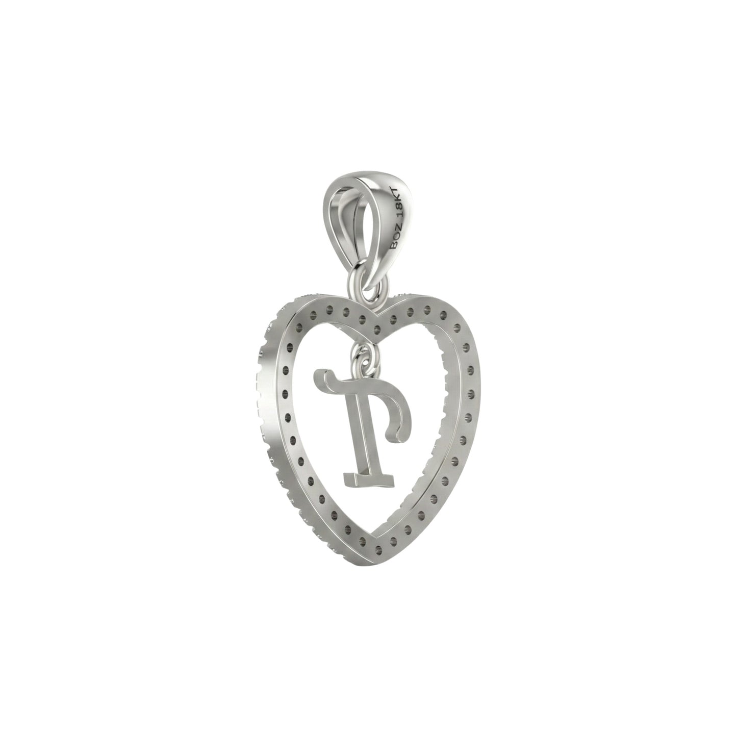 Silver heart-shaped pendant with a letter 'P' on a white background