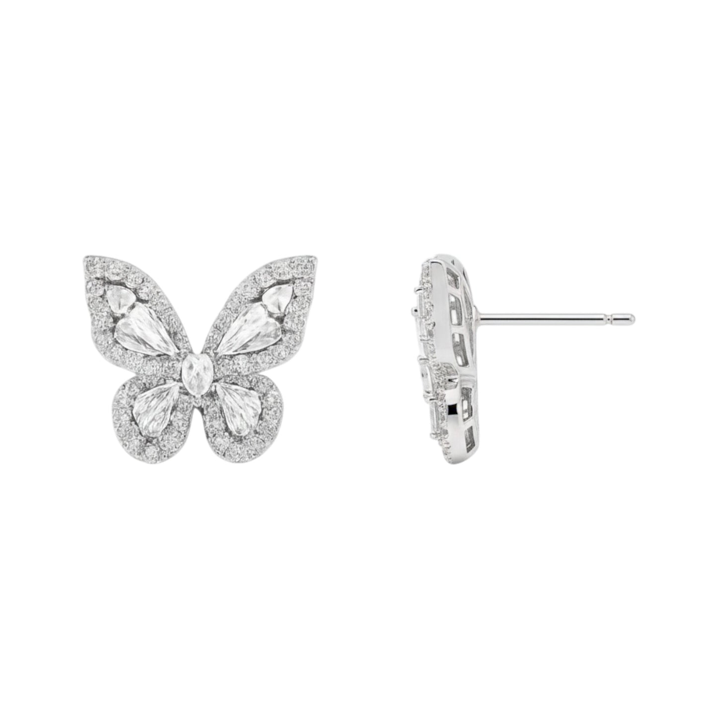 Butterfly-shaped earrings with clear gemstones on a white background