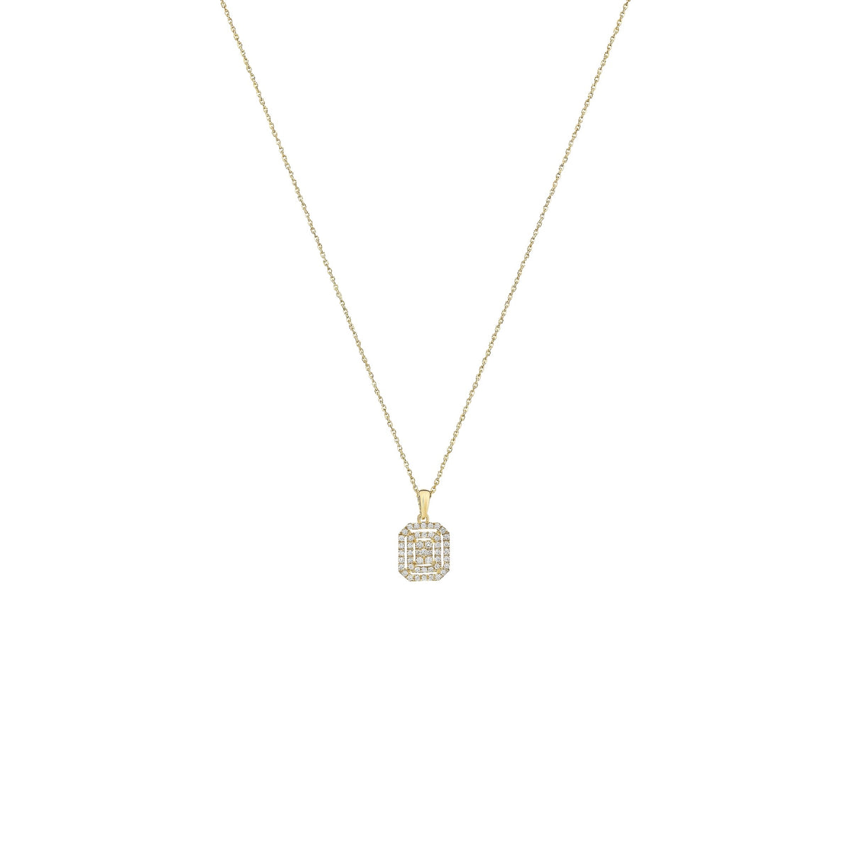 Gold necklace with a diamond pendant on a white background