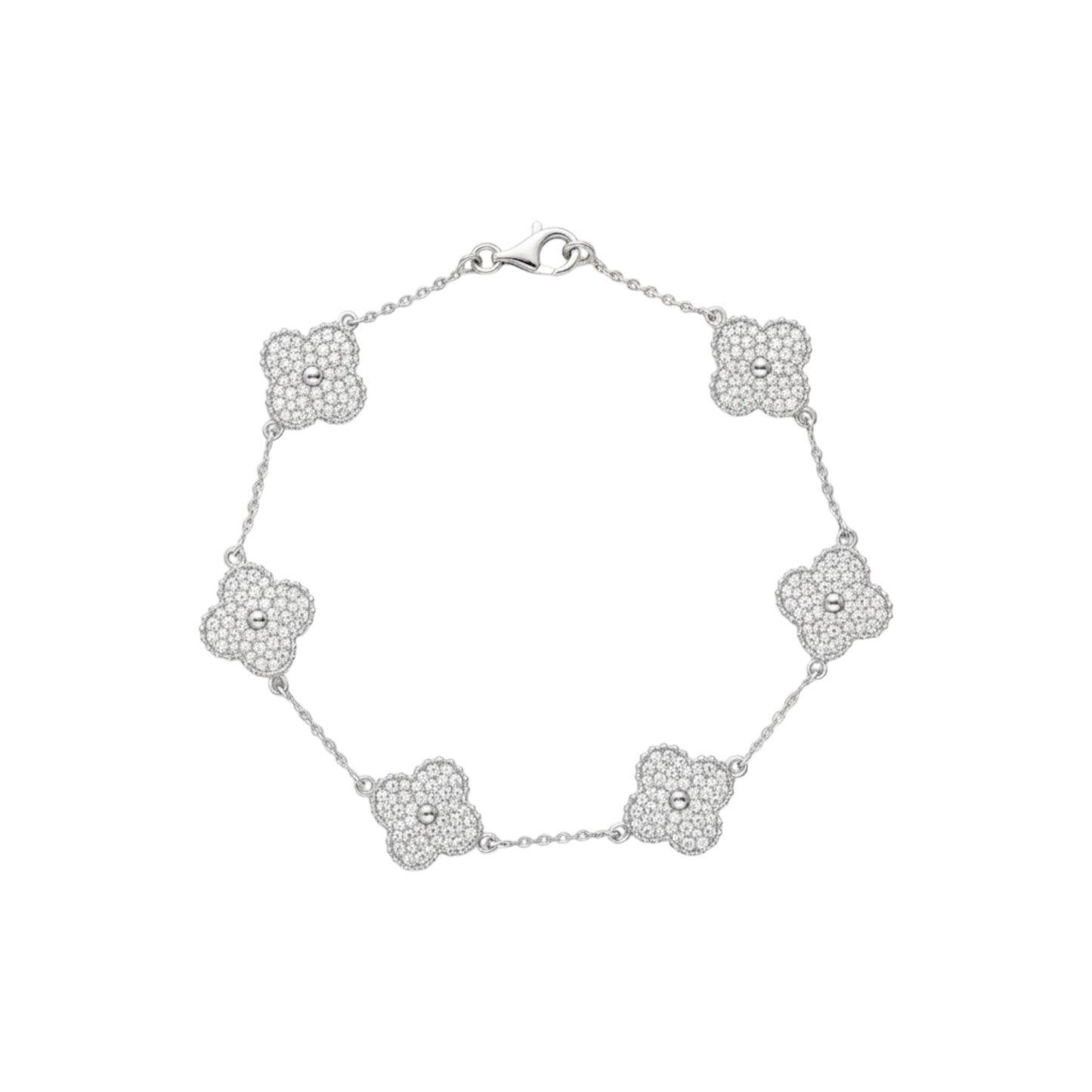 Silver bracelet with floral designs on a white background