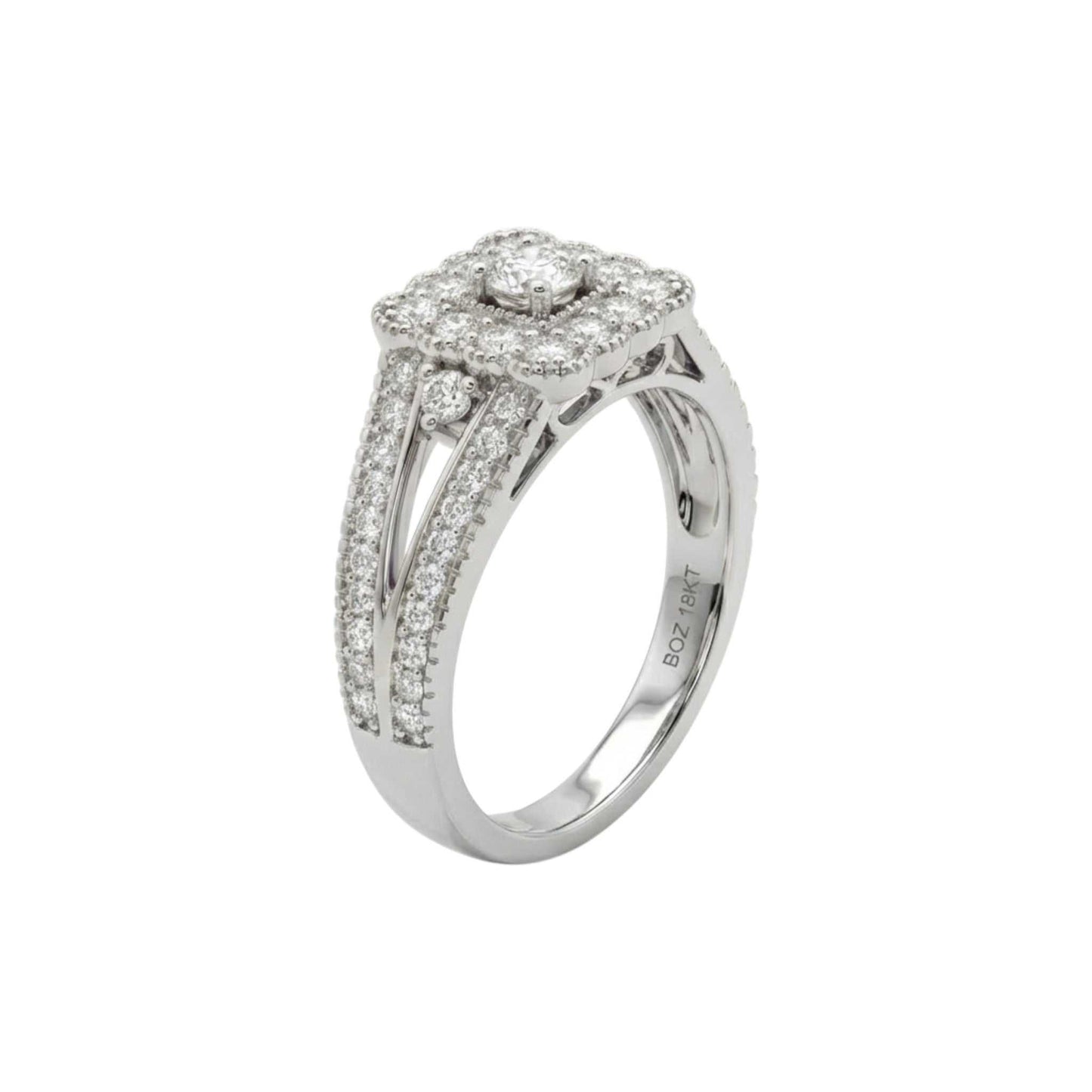 Silver ring with diamond accents on a white background