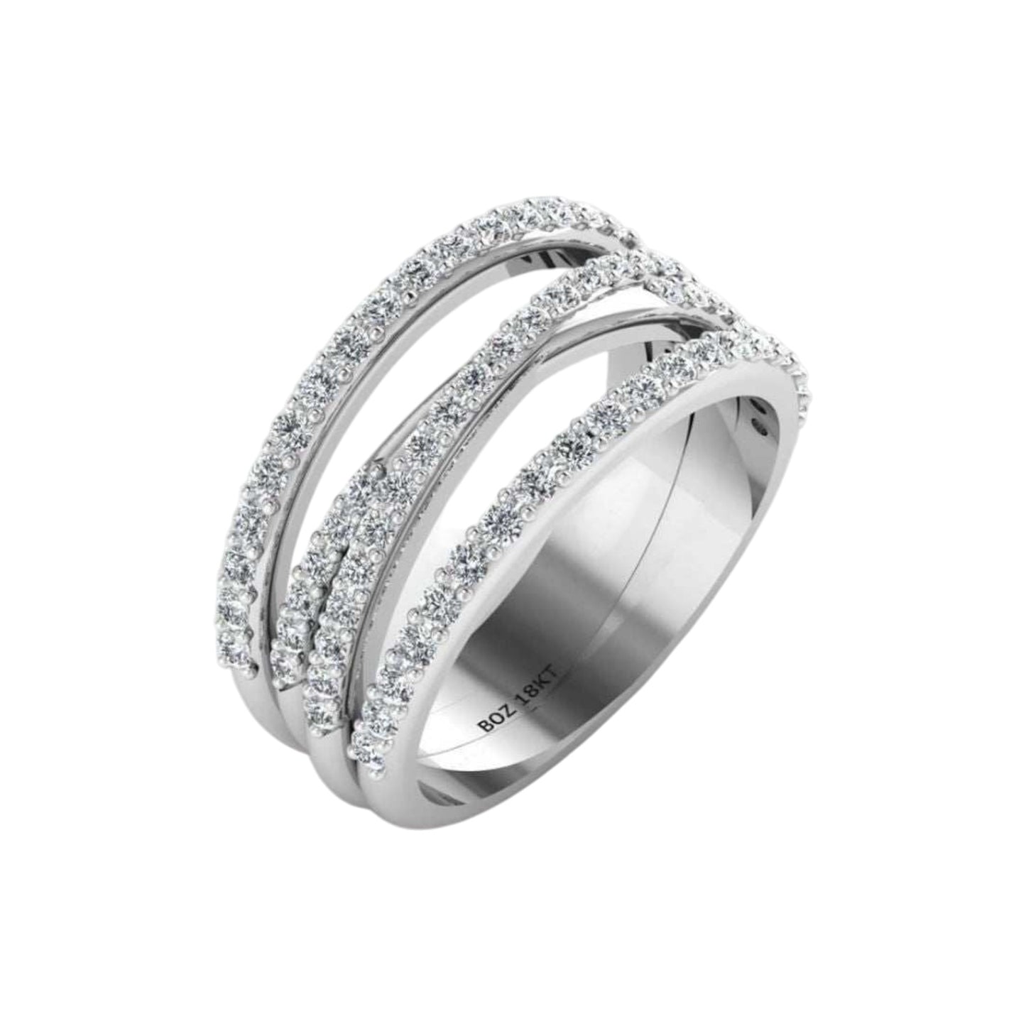 Silver ring with embedded diamonds on a white background