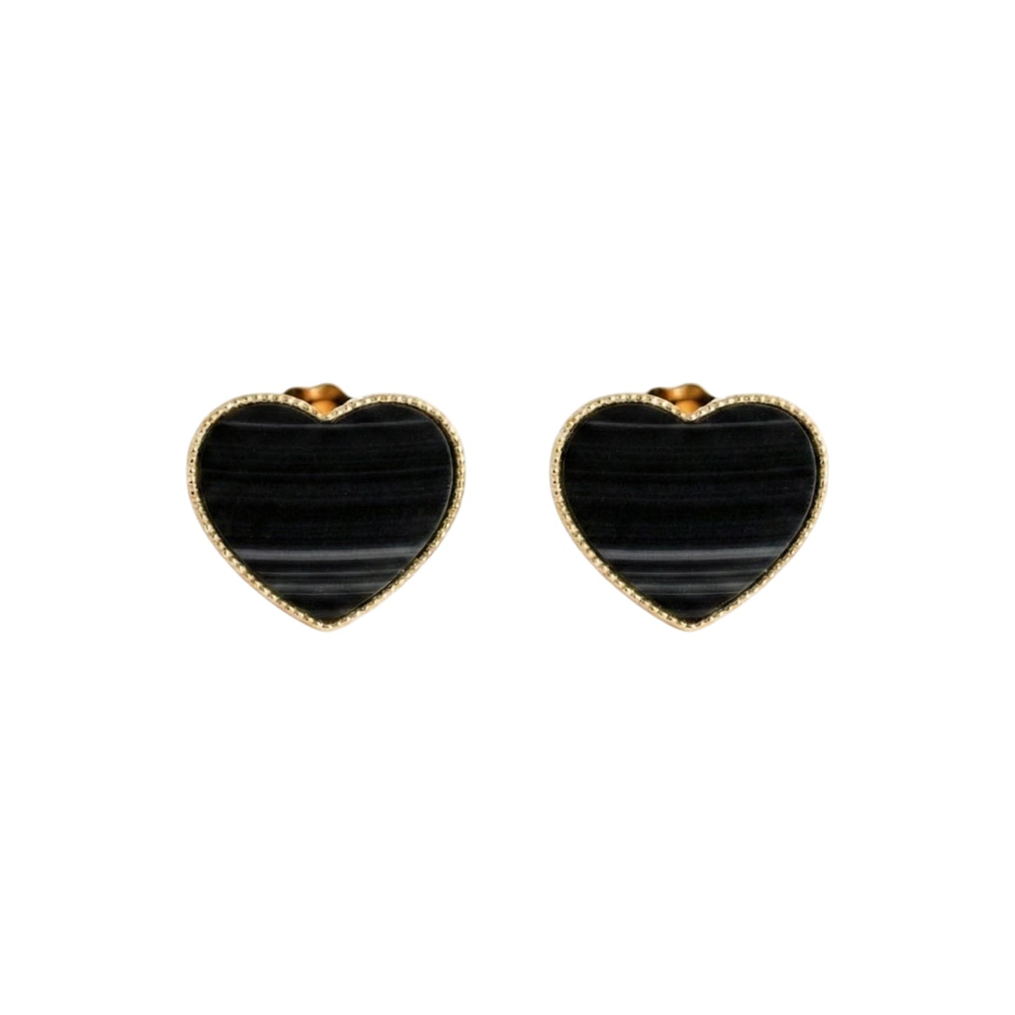 Heart-shaped black stone earrings with gold accents on a white background