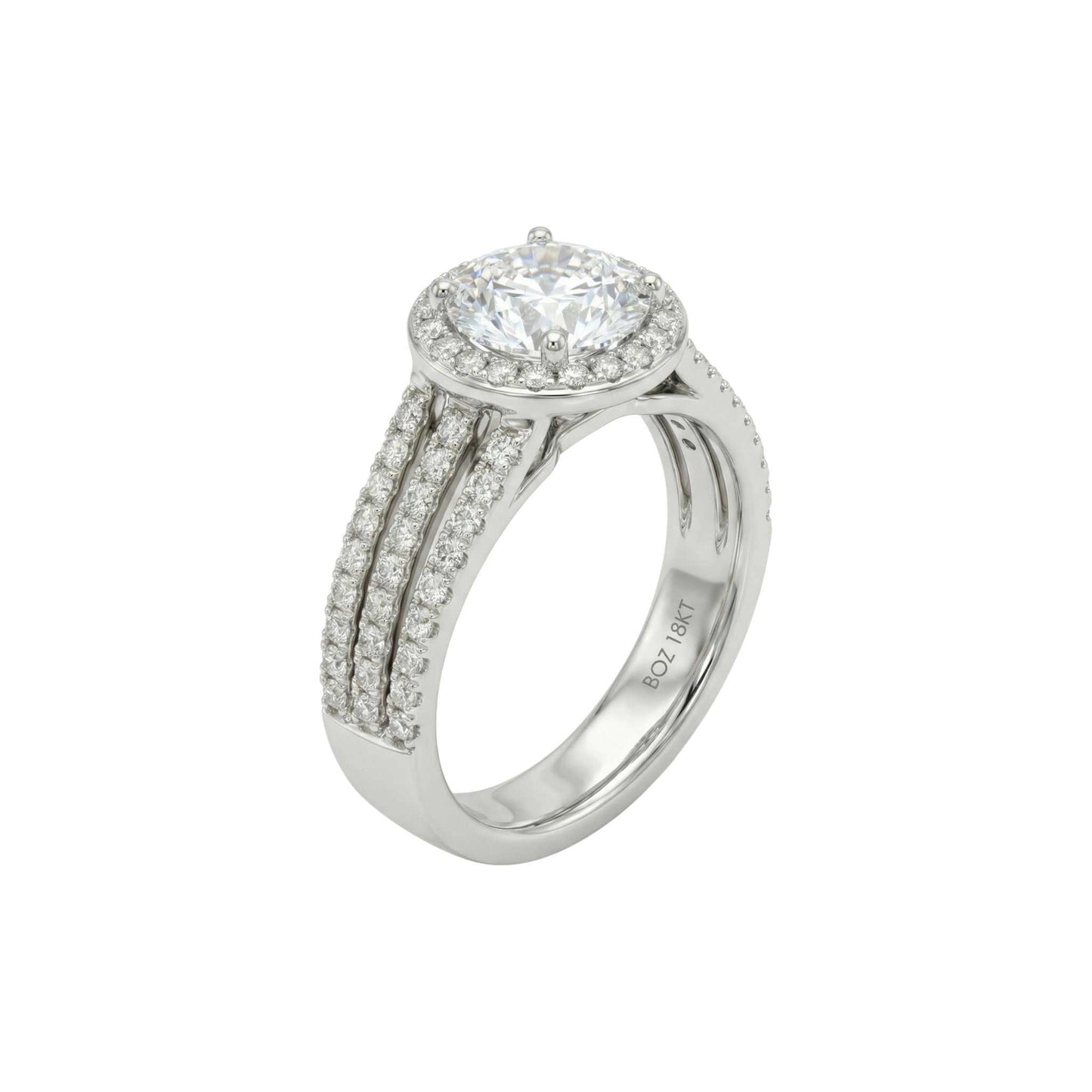 Silver ring with a large central diamond and smaller diamonds around on a white background