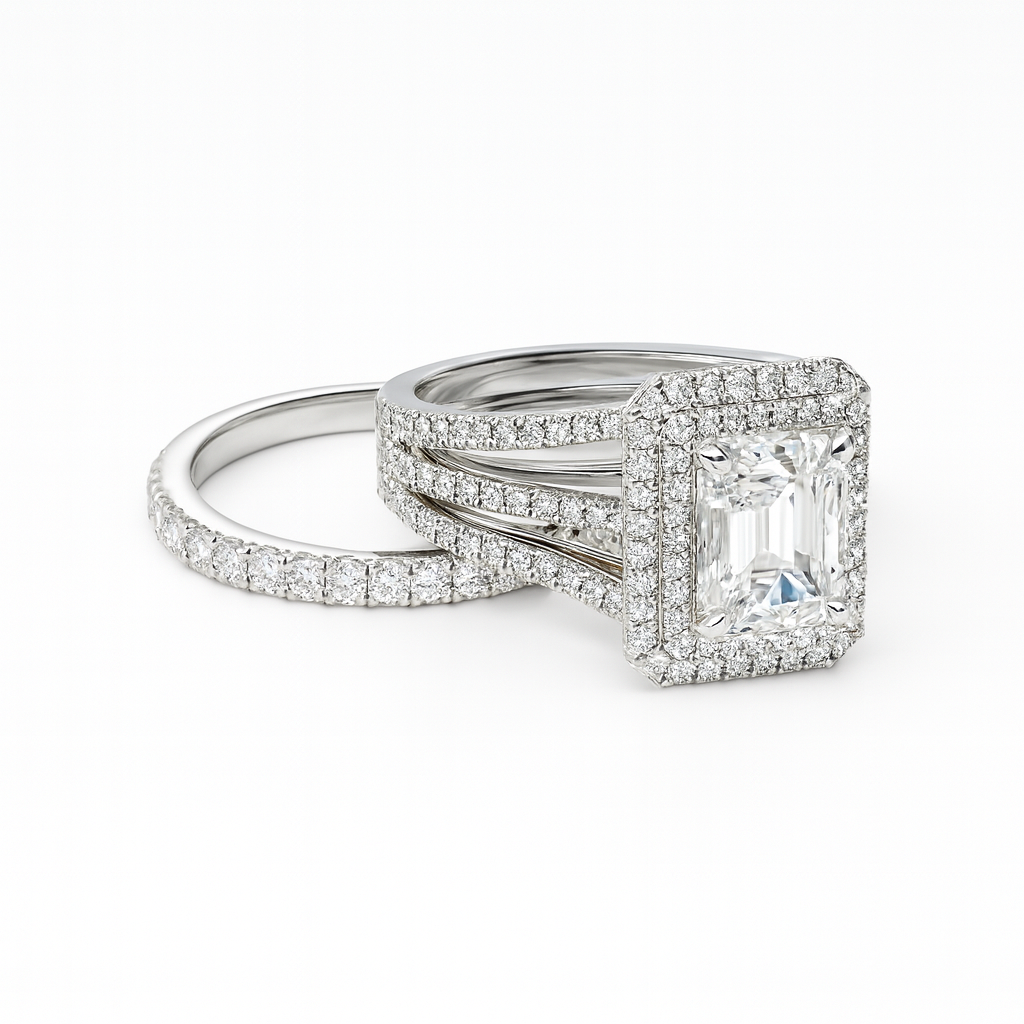 Diamond ring with a square-cut gemstone on a white background