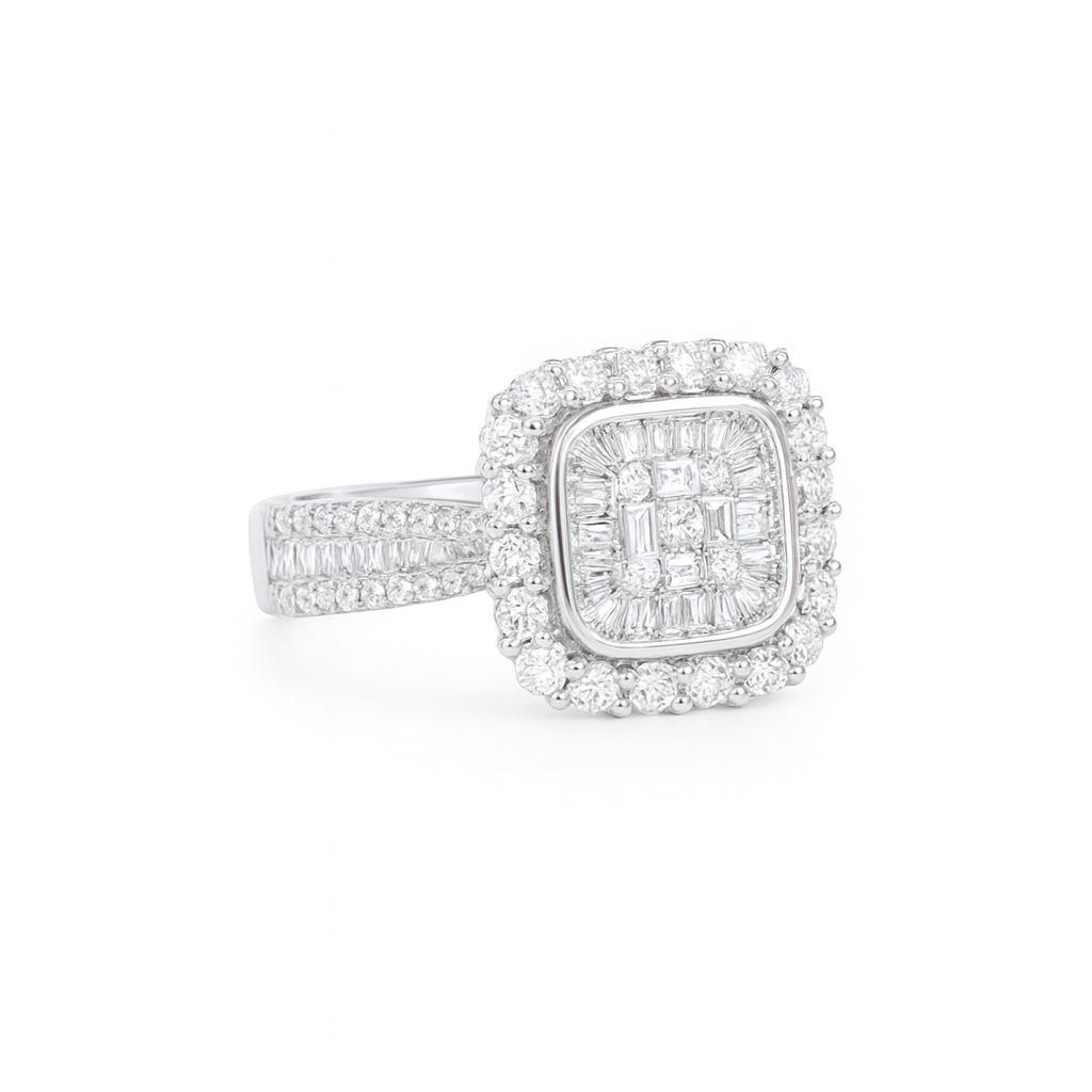Diamond ring with a square center stone and halo on a white background