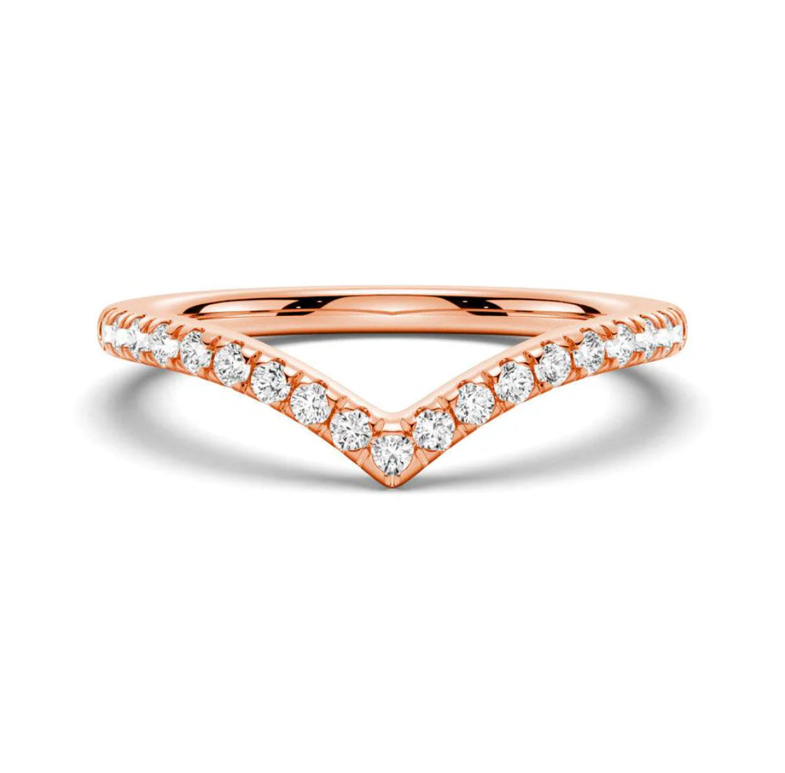 A 10 karat gold band ring with a curved design and a central moissanite gemstone, surrounded by smaller clear gemstones.