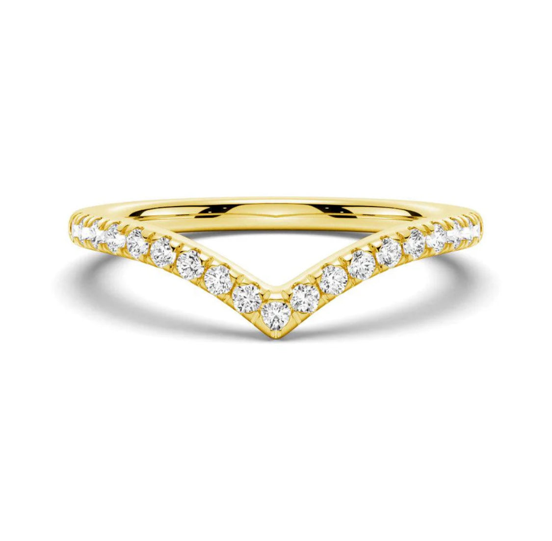 A gold band ring with a curved design and set with moissanite gemstones.