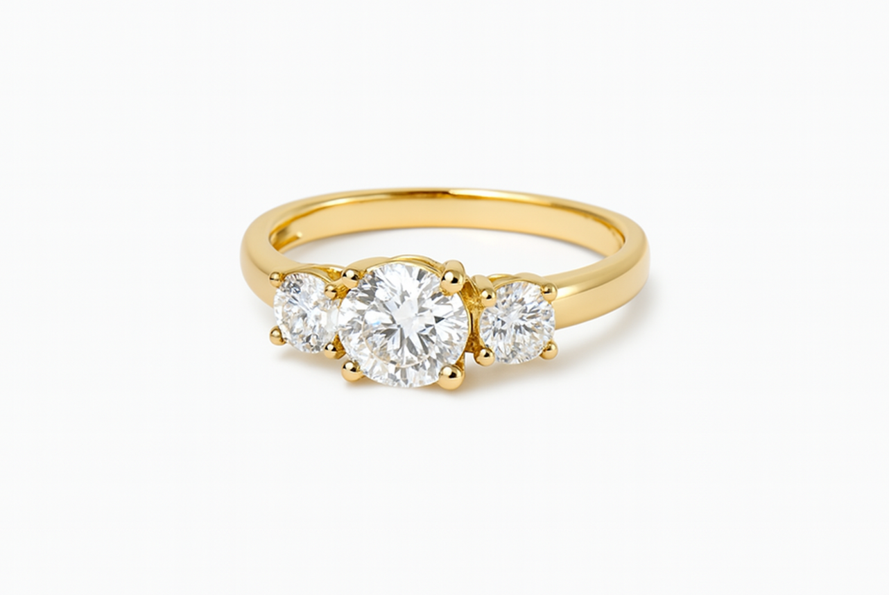 Gold ring with three diamonds on a white background