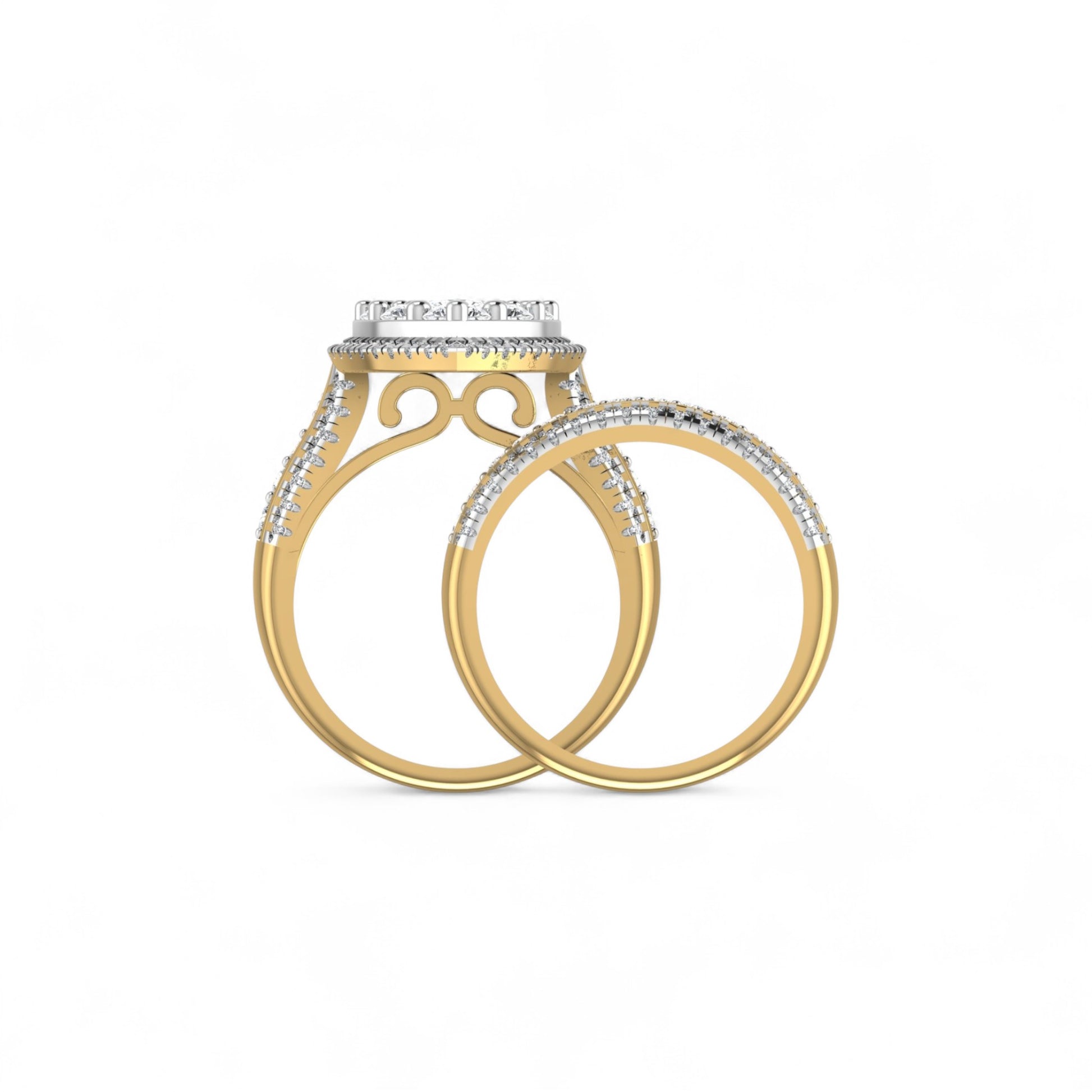 Two gold rings with diamond accents on a white background