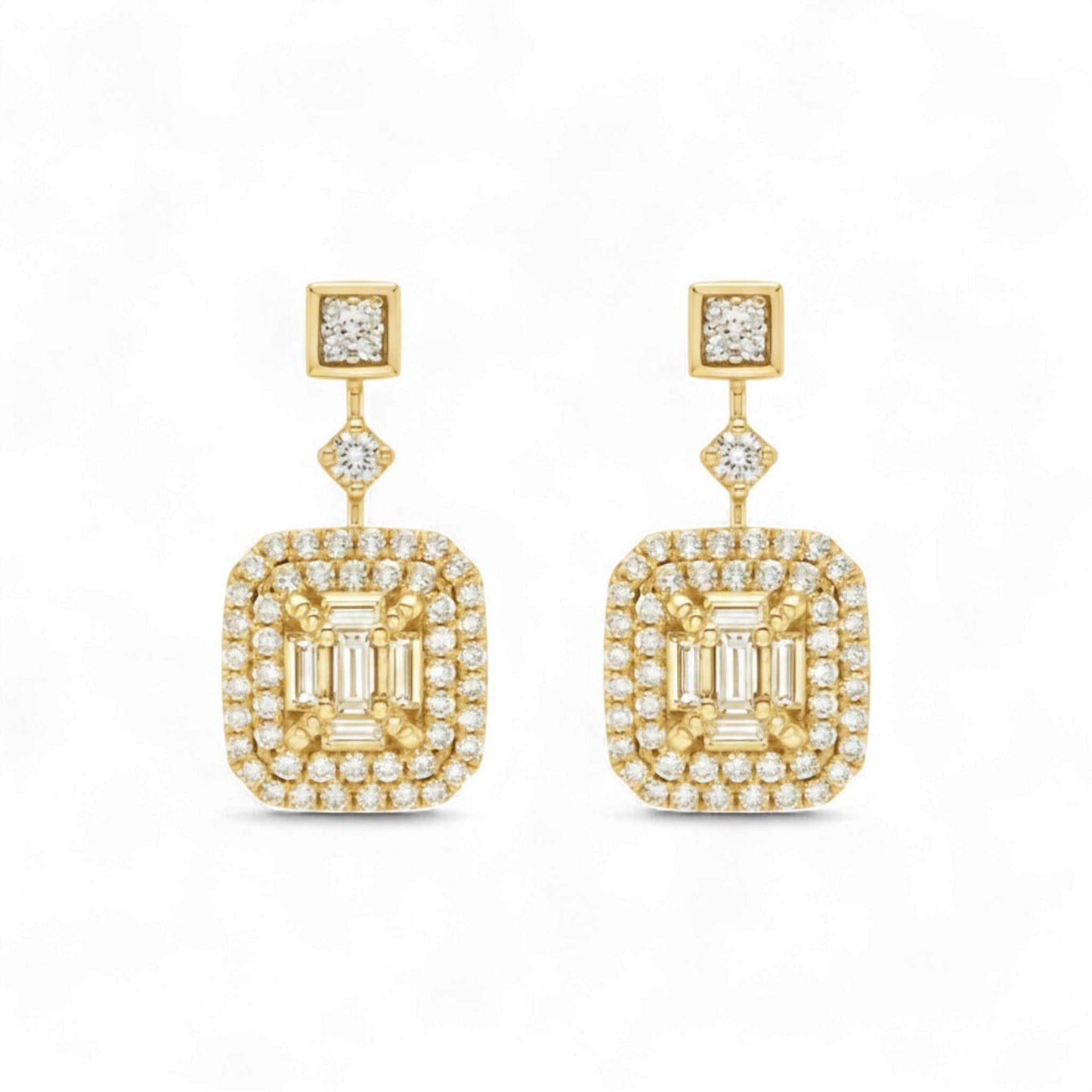 Gold earrings with square designs and clear gemstones on a white background