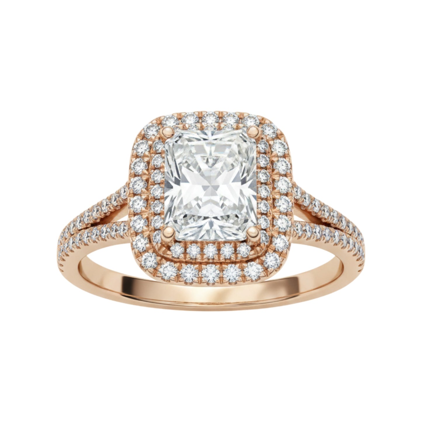 Classic Double Halo Moissanite and Diamond Engagement Ring in 18KT Gold