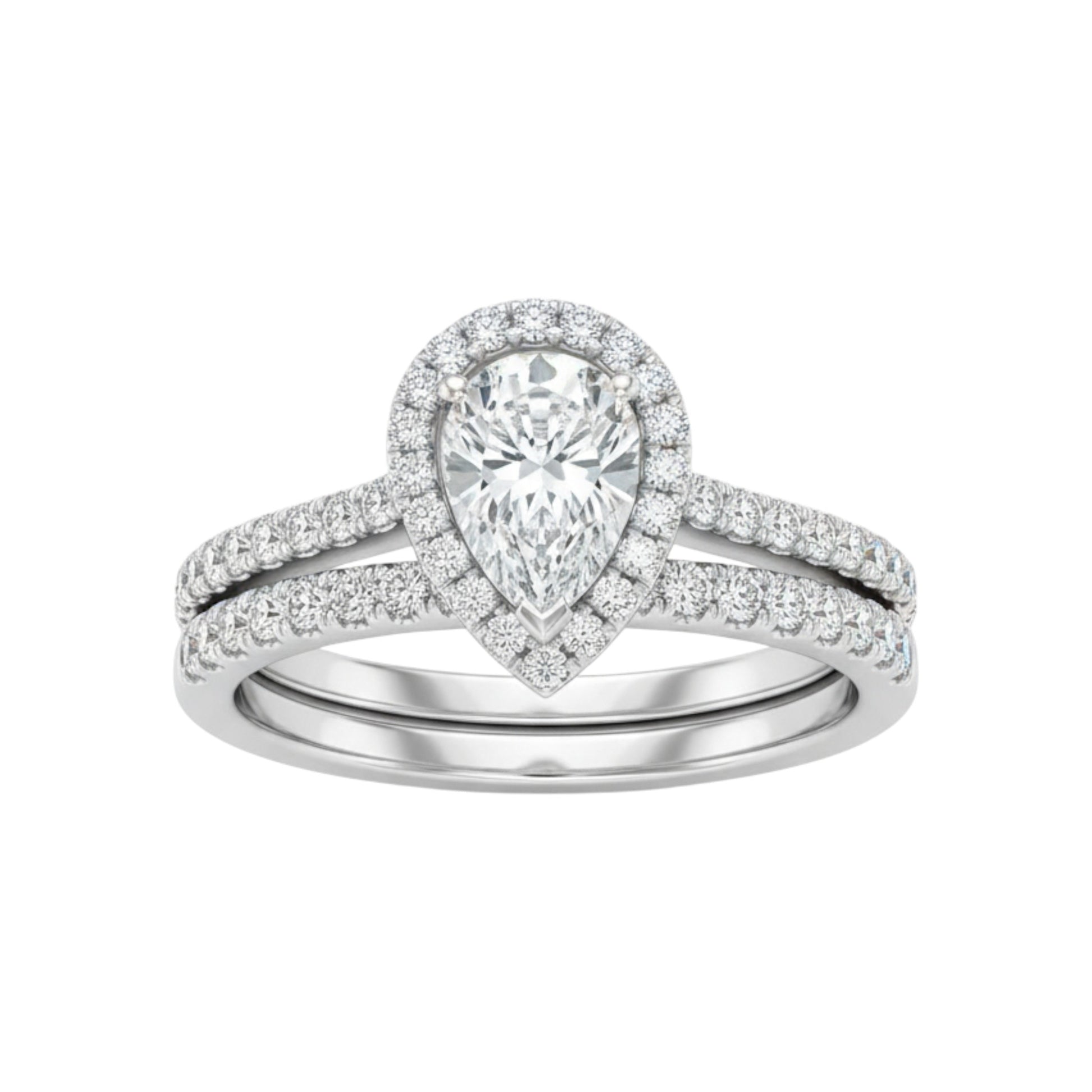 Diamond ring with pear-shaped center stone on a white background