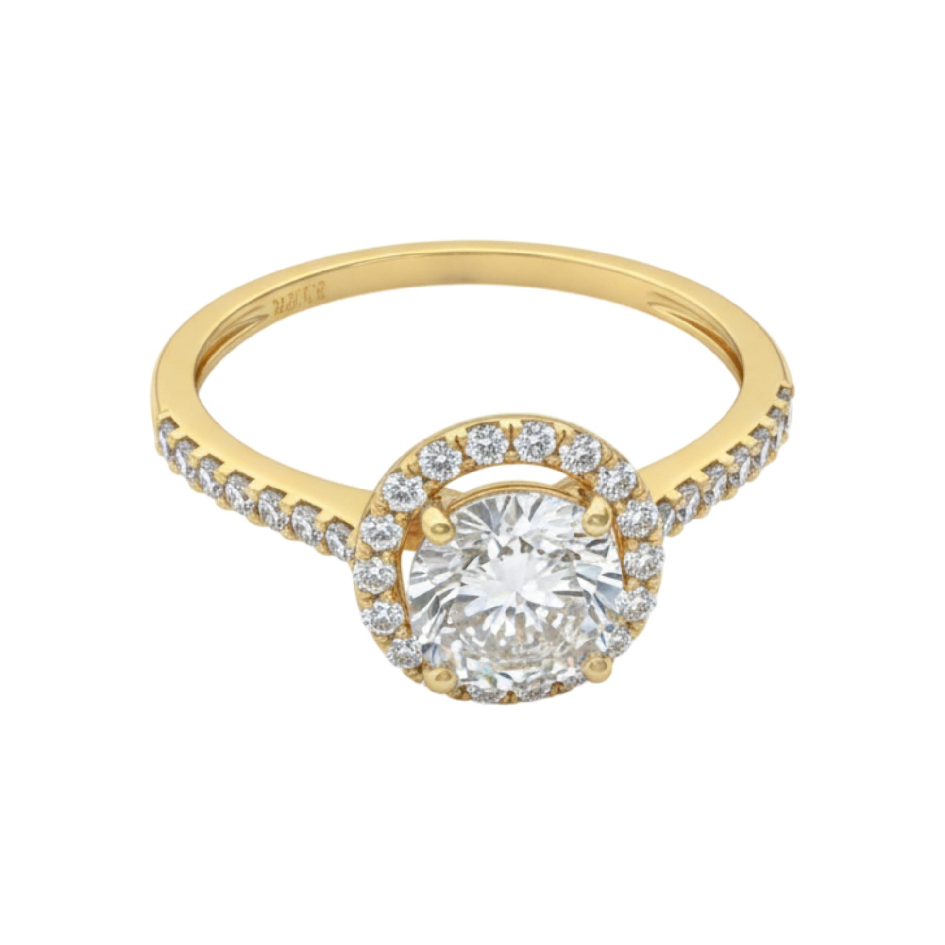 Gold ring with a large diamond and smaller diamonds on the band against a white background