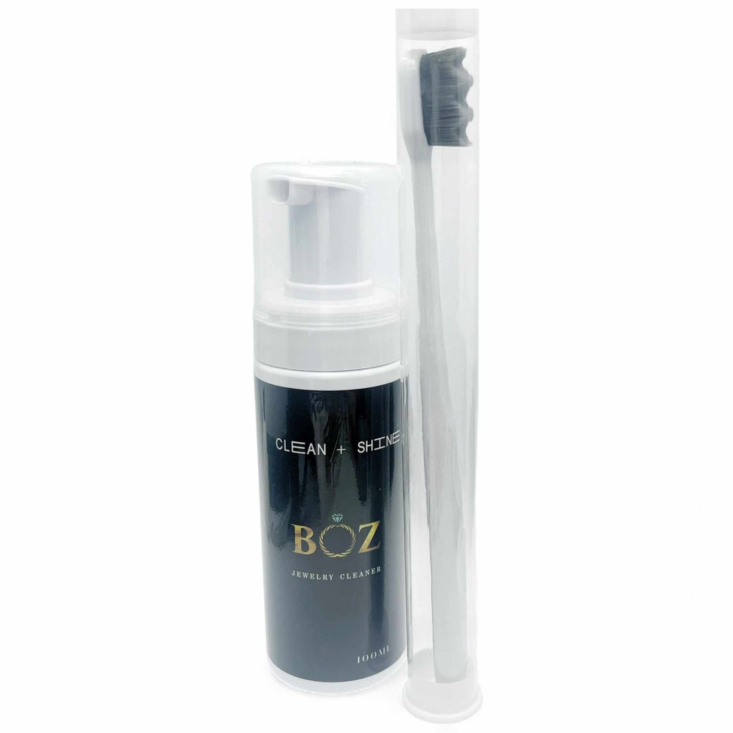 Jewelry cleaning kit with a can and brush on a white background