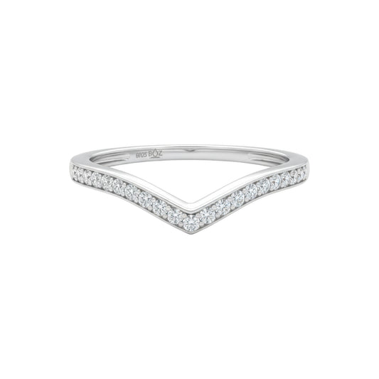 Silver ring with small diamonds on a white background