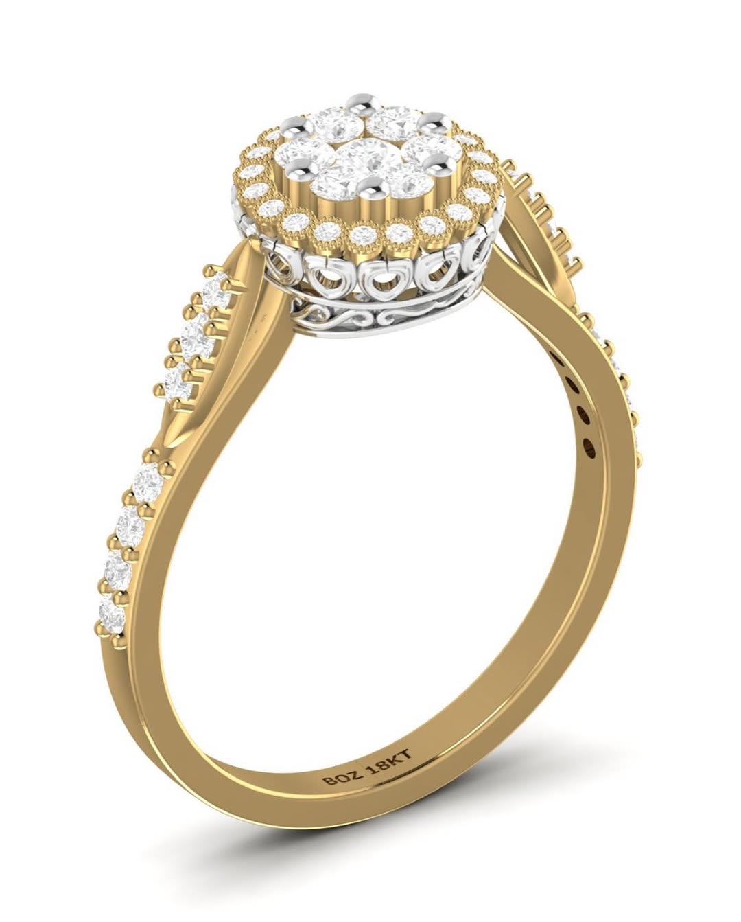 A round 18K gold engagement ring with a central cluster of natural diamonds surrounded by smaller diamonds set in the band.
