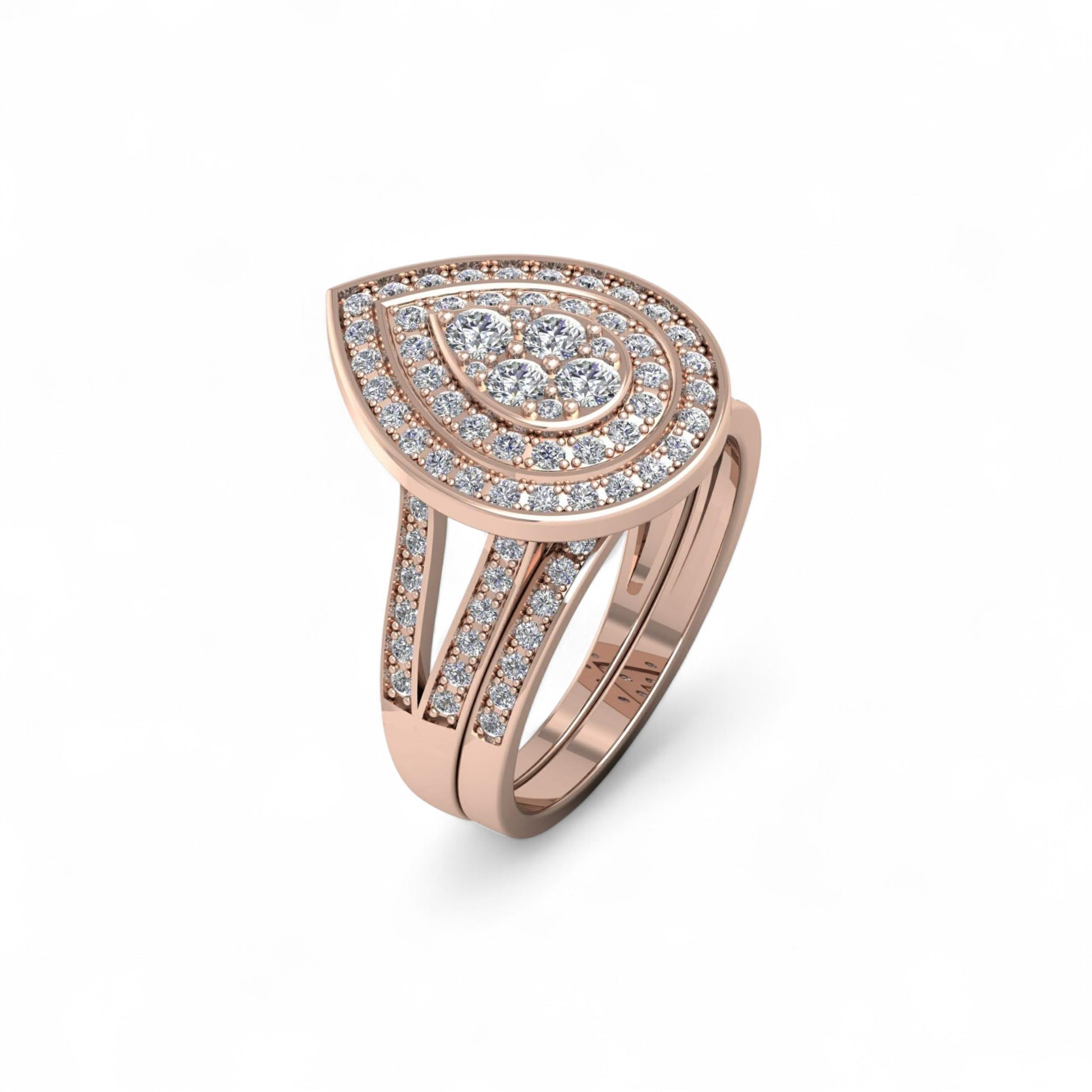 Silver ring with diamond accents on a white background