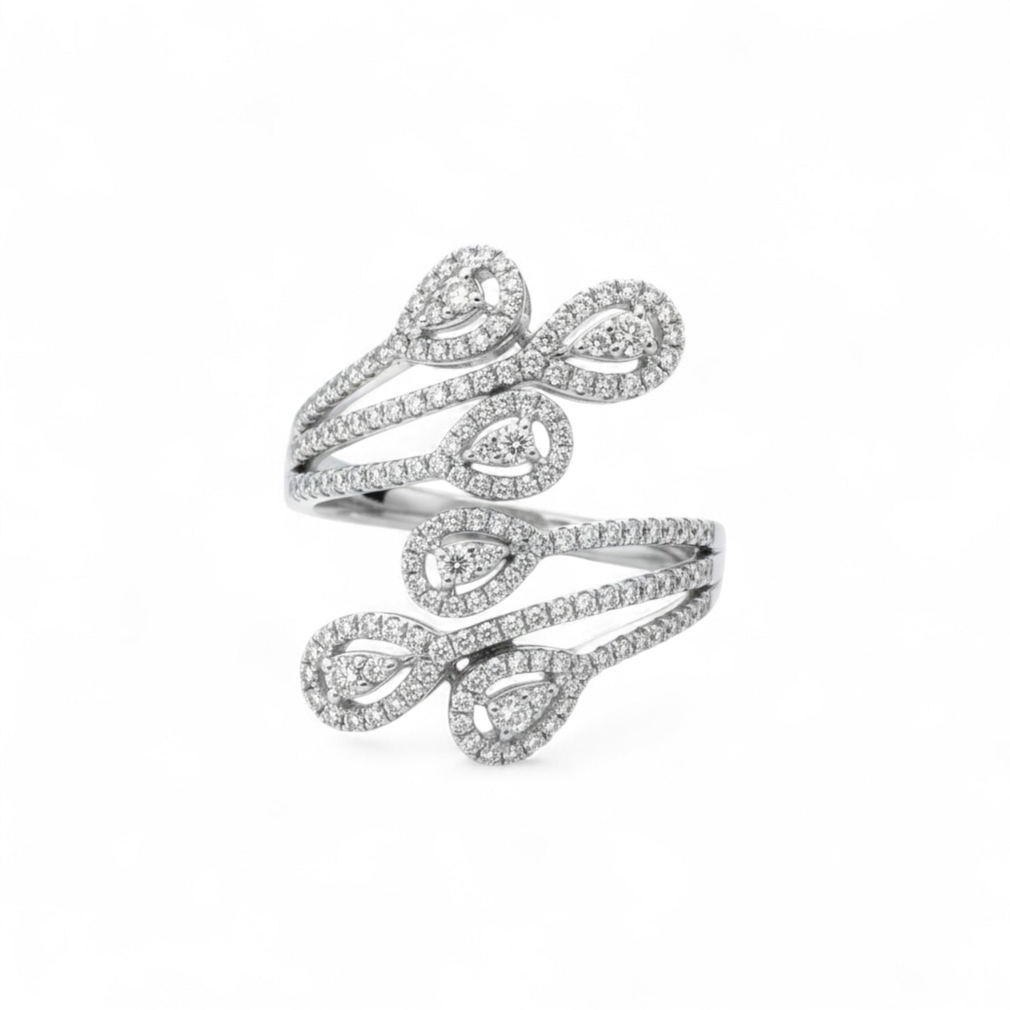 Silver ring with diamond accents on a white background