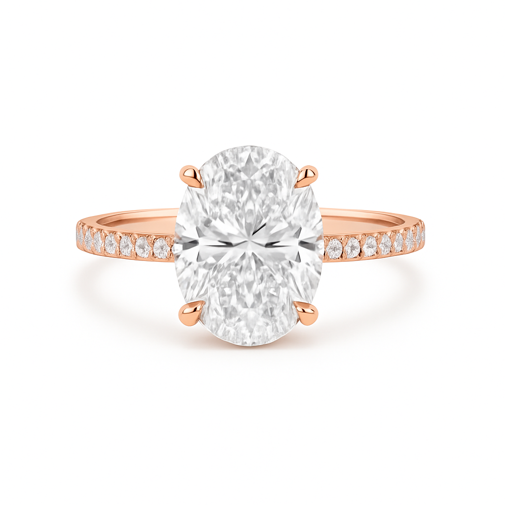 Rose gold ring with a large diamond and smaller diamonds on the band against a white background