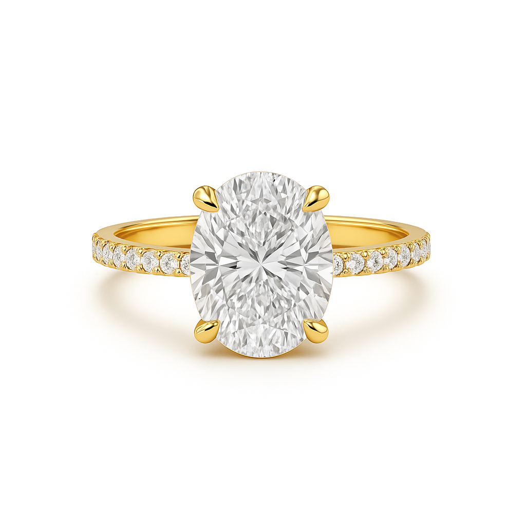 Gold ring with a large diamond and smaller diamonds on the band against a white background
