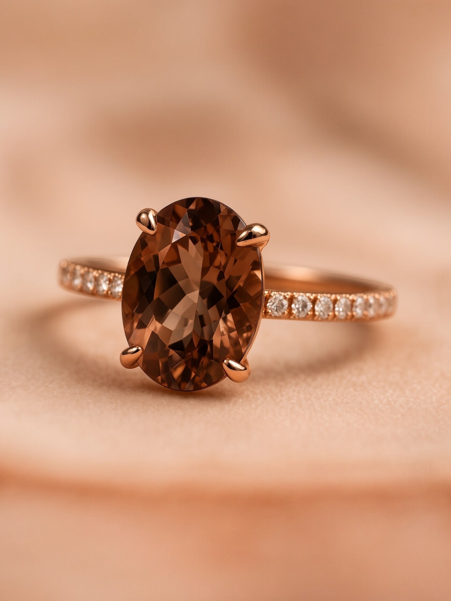 Rose gold ring with a brown gemstone on a beige background