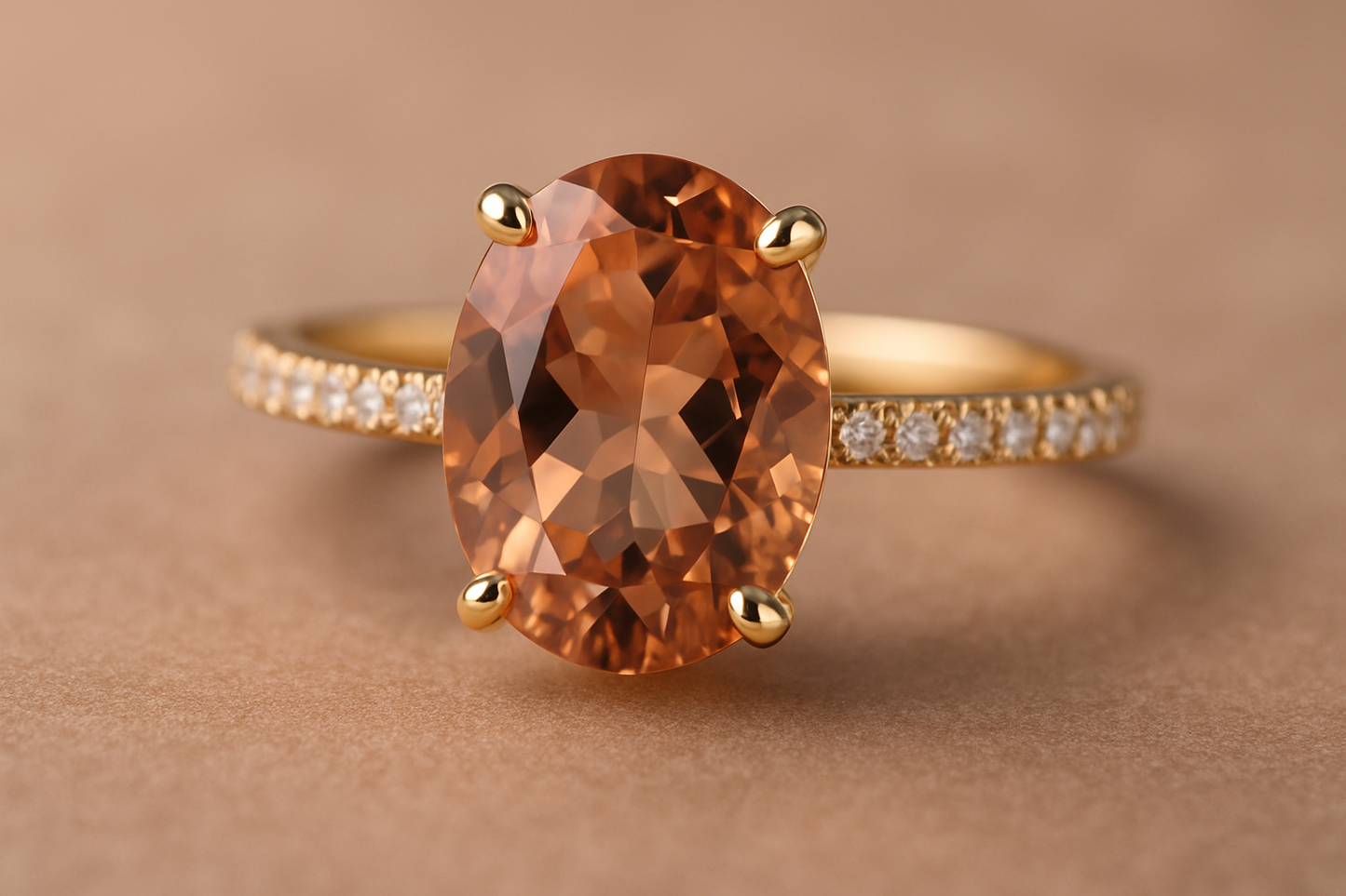 Gold ring with a large brown gemstone on a brown background