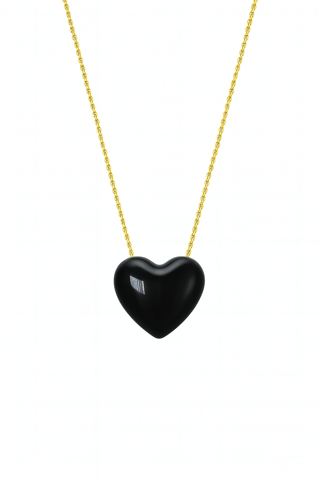 Black heart-shaped pendant on a gold chain against a white background